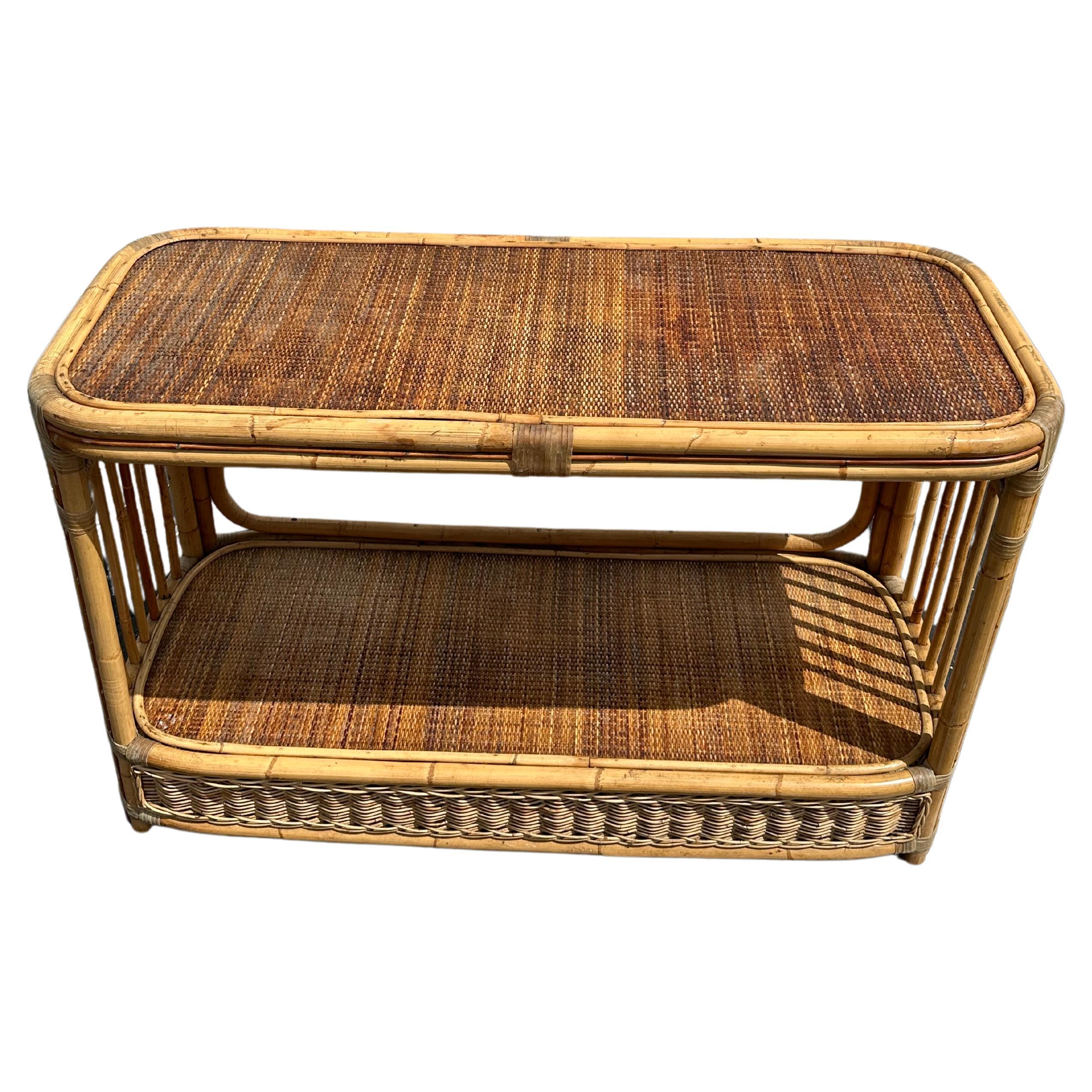 1970er Rattan Cane Oval Double Tier Konsolentisch