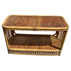 Tavolo consolle ovale a due livelli in rattan anni '70