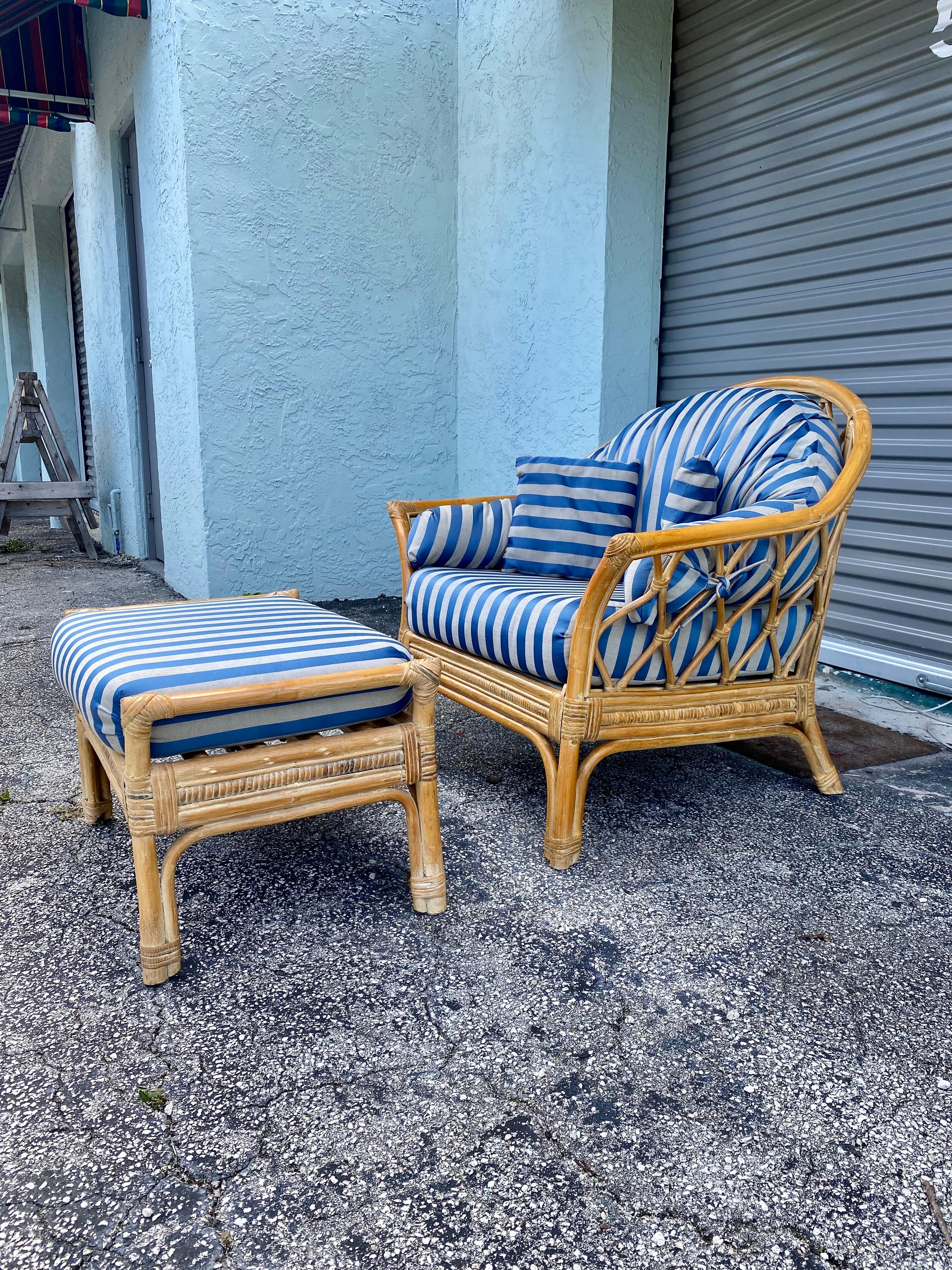 Chinoiserie 1970s Rattan Chair and Ottoman, Set of 2 For Sale