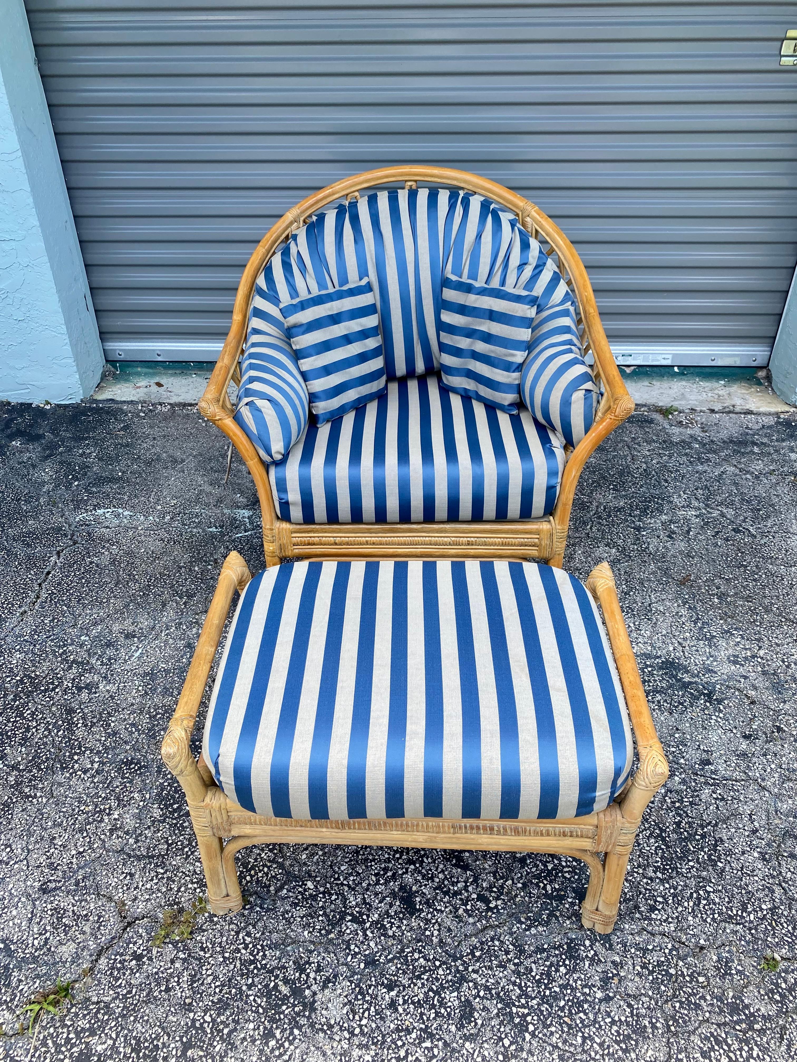 Late 20th Century 1970s Rattan Chair and Ottoman, Set of 2 For Sale