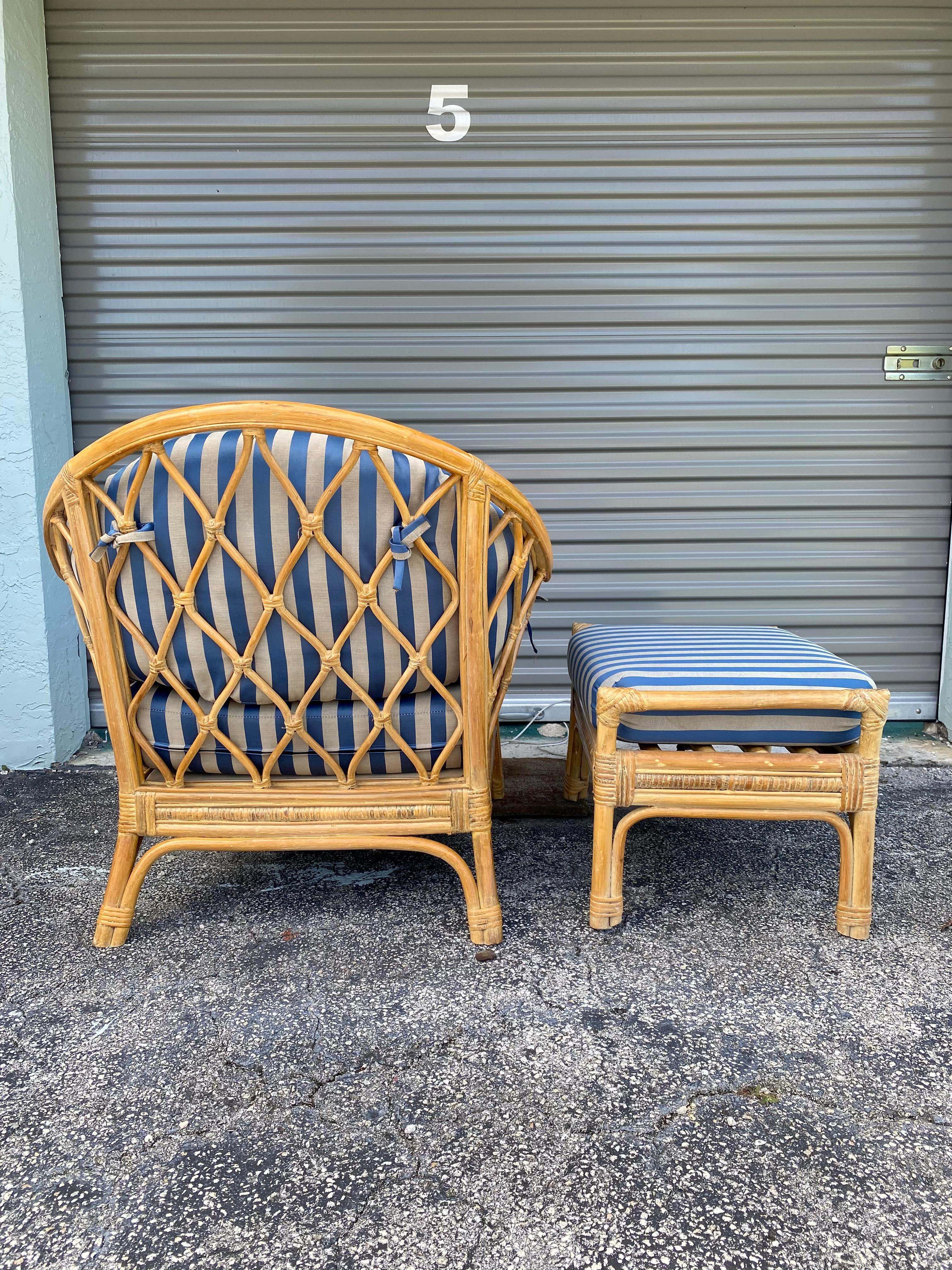 Upholstery 1970s Rattan Chair and Ottoman, Set of 2 For Sale