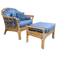 Sedia e ottomana in rattan degli anni '70, set di 2