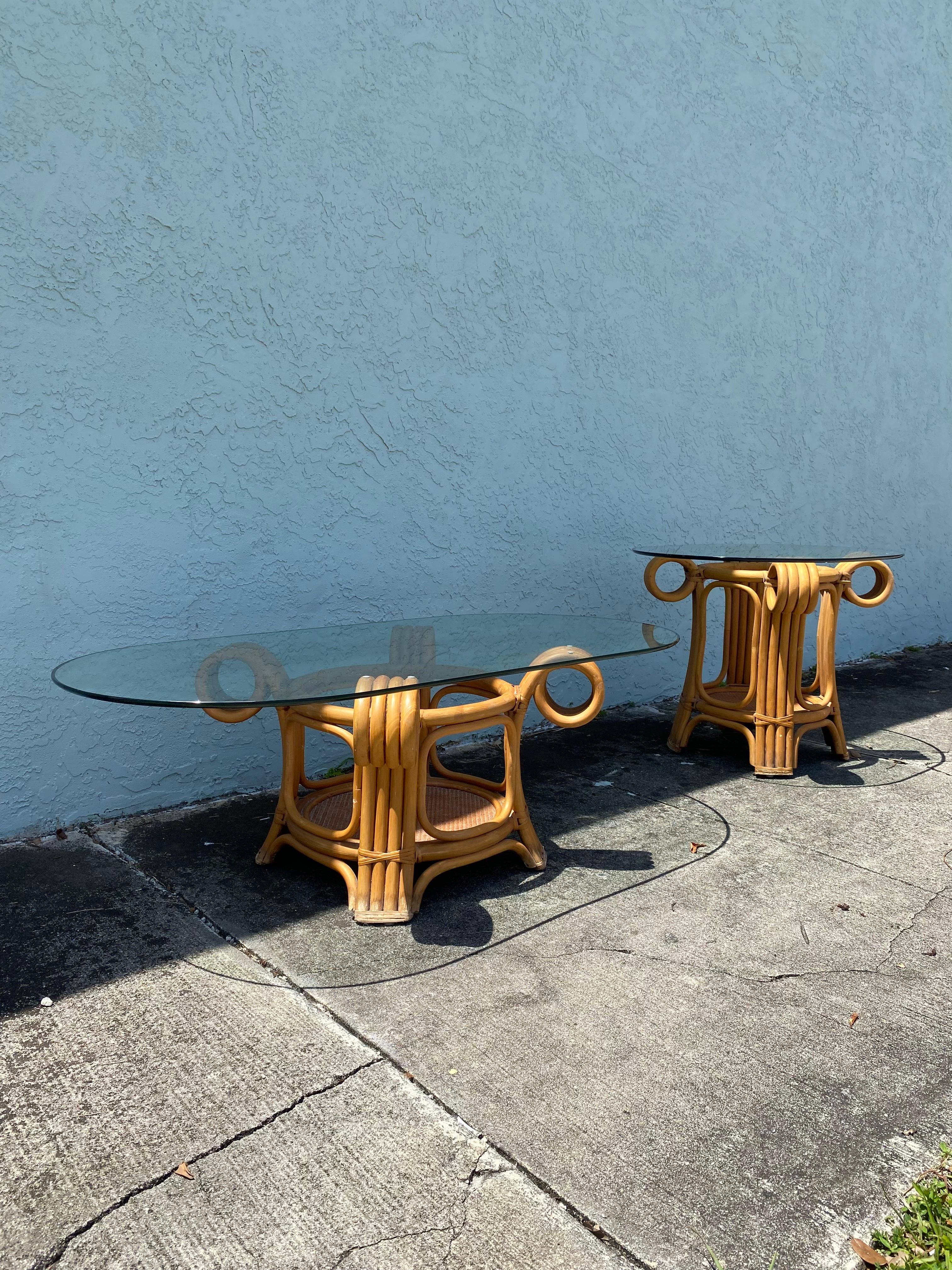 1970s Sculptural Bent Rattan Coffee and End Table, Set of 2 For Sale 6
