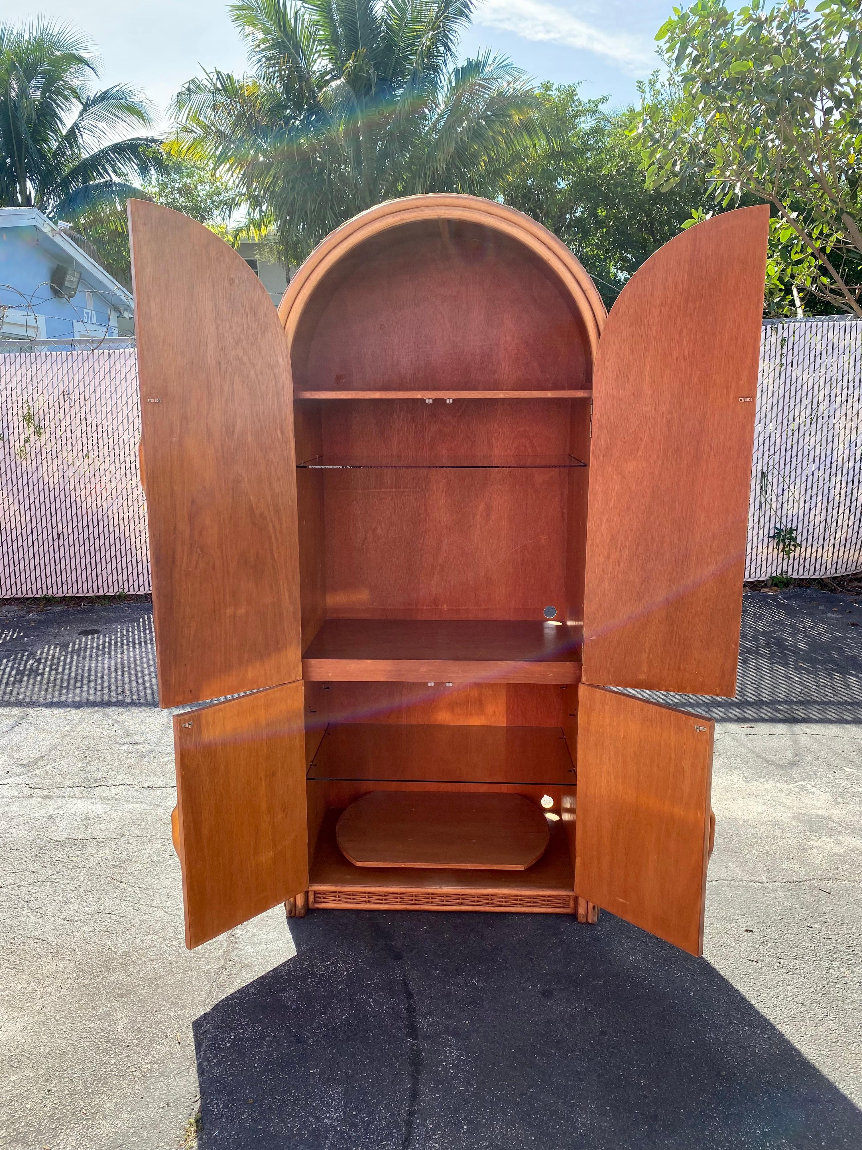1970s Rattan Arch Armoire Wardrobe Storage Cabinet For Sale 1