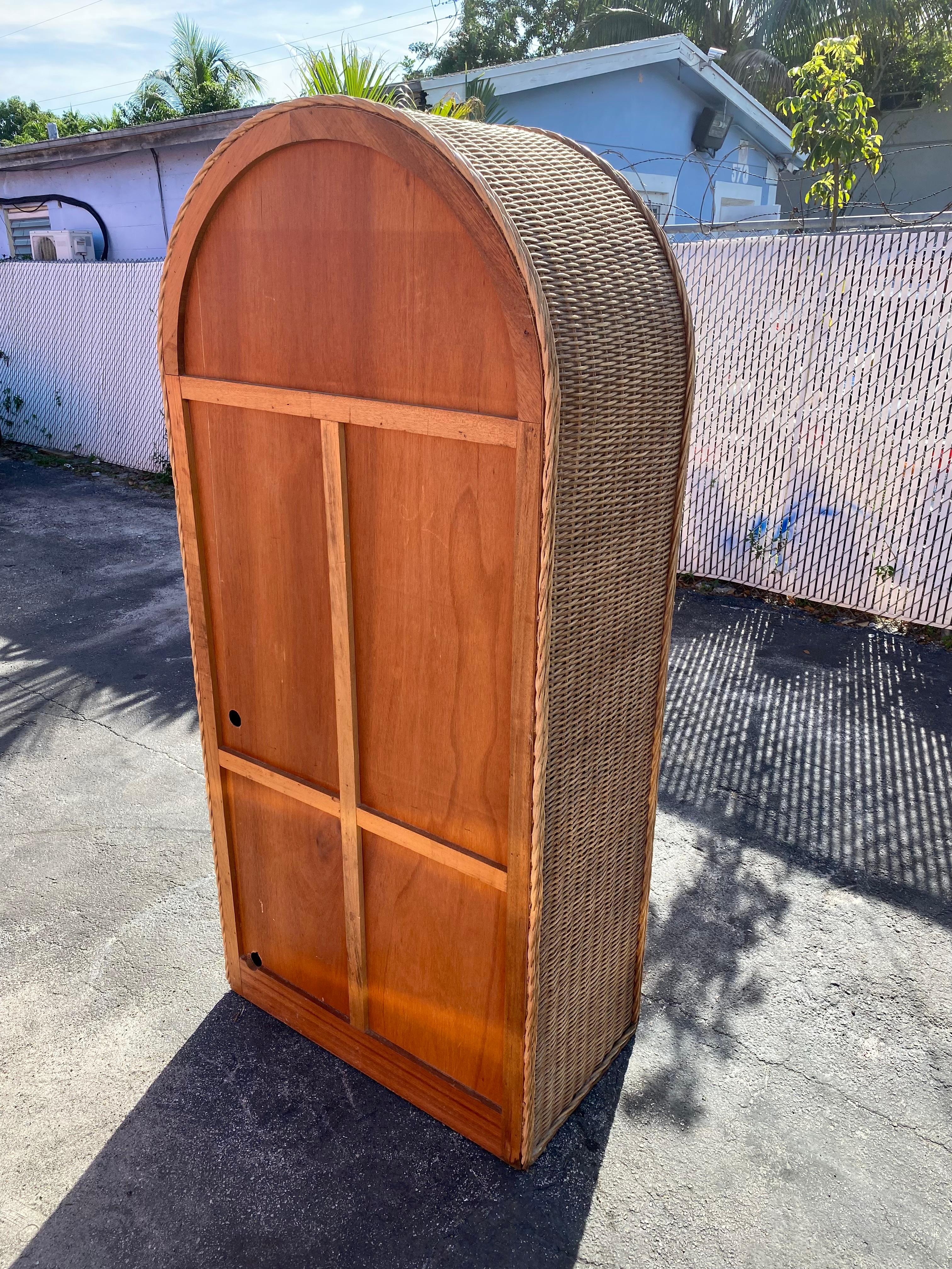Late 20th Century 1970s Rattan Curved Top Armoire Wardrobe Storage Cabinet For Sale