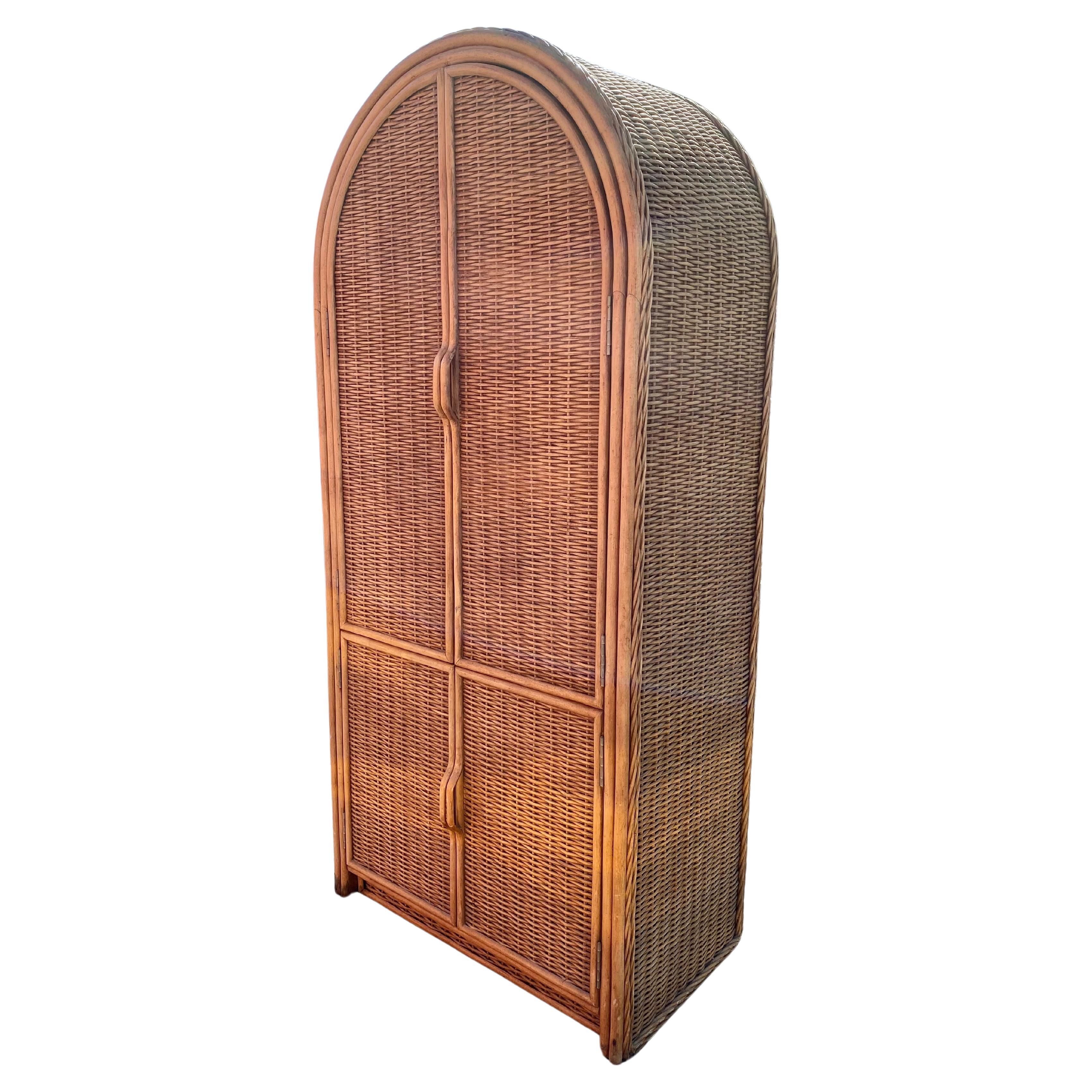 1970s Rattan Arch Armoire Wardrobe Storage Cabinet For Sale