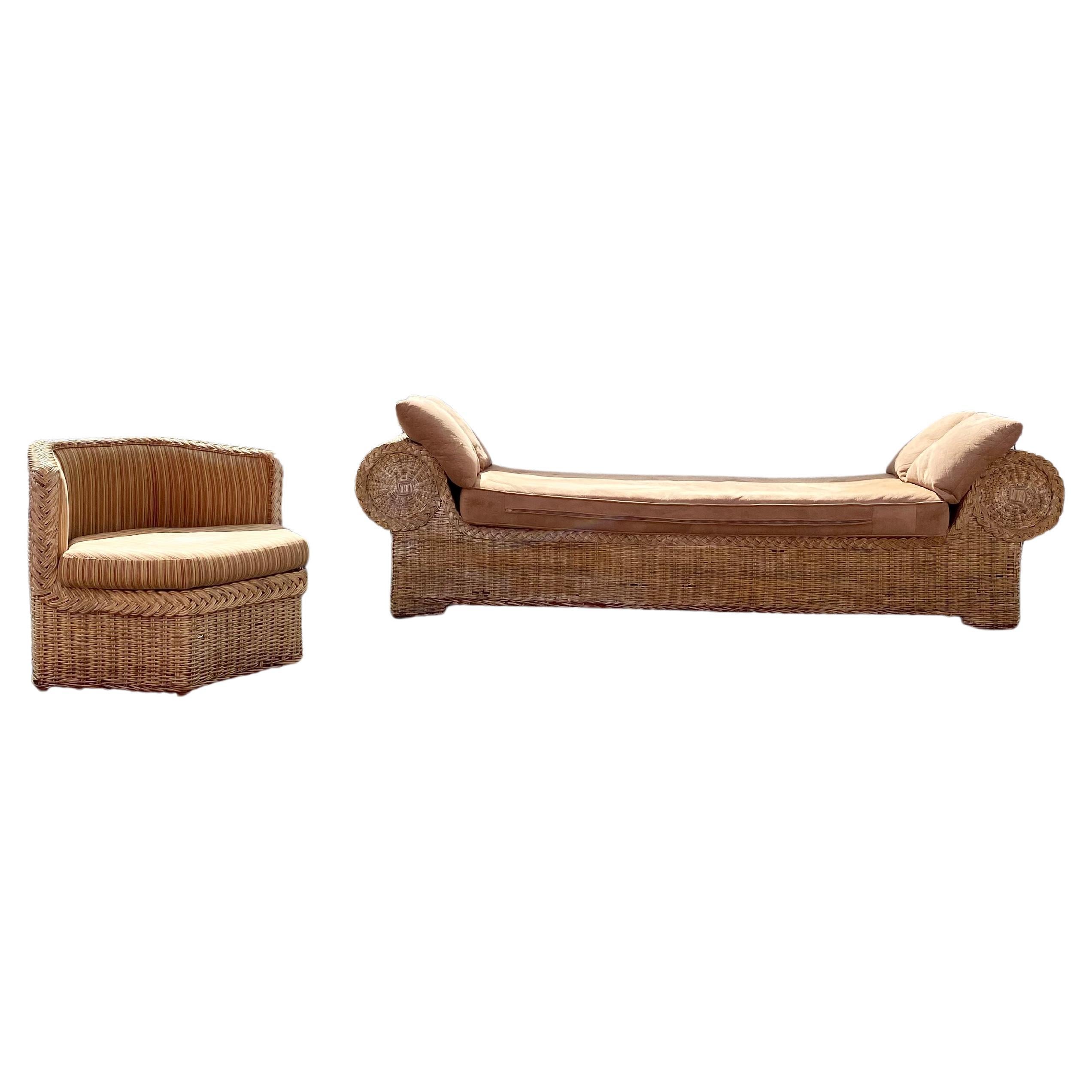 1970s Monumental Rattan Daybed and Chair, Set of 2