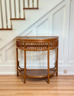 1970s Rattan & Faux Tortoise Bamboo Demilune Console Table with Lower Shelf