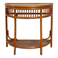 1970s Rattan & Faux Tortoise Bamboo Demilune Console Table with Lower Shelf