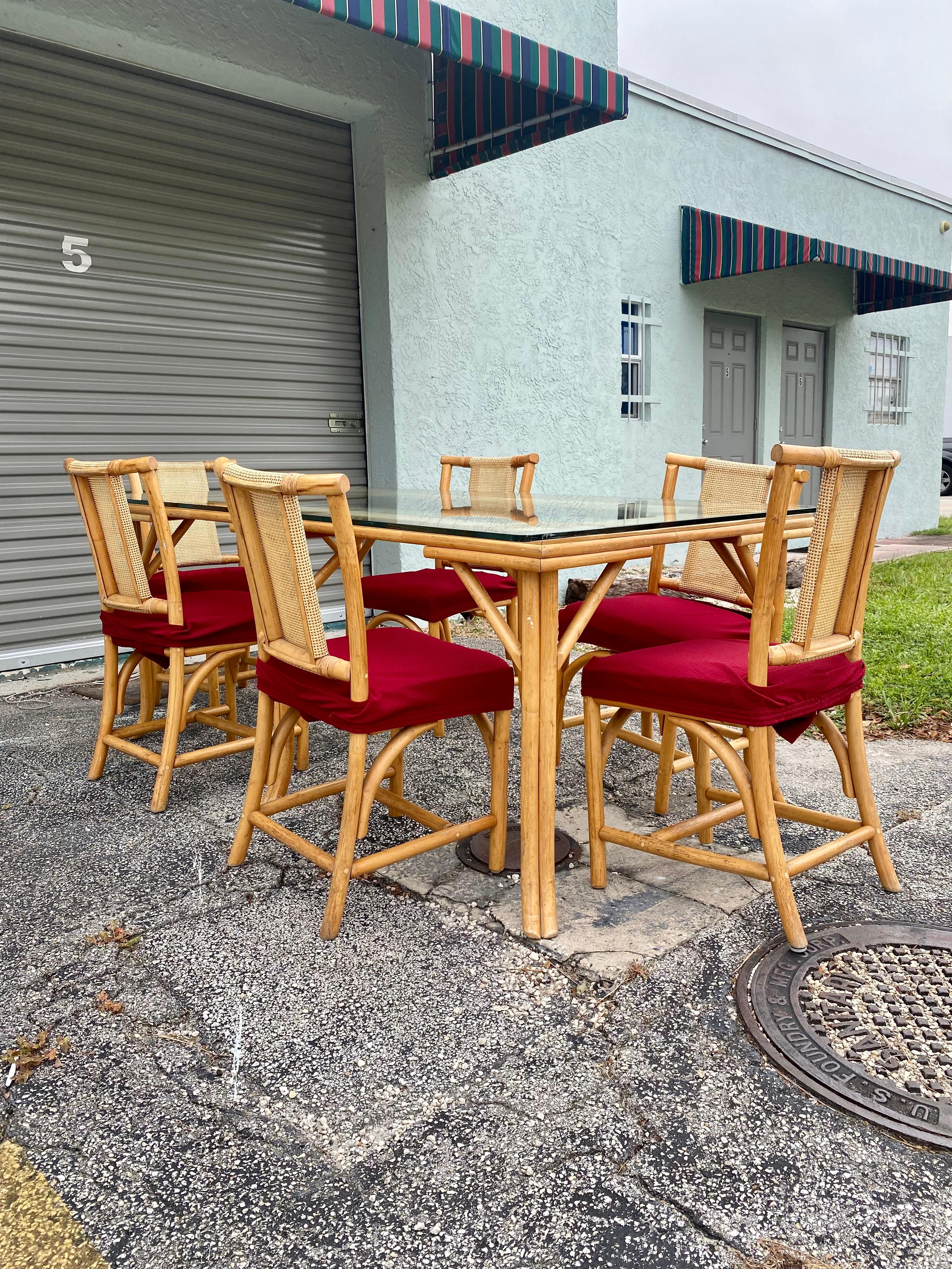 Bohemian 1970s Rattan Glass Dining Set, Set of 7 For Sale