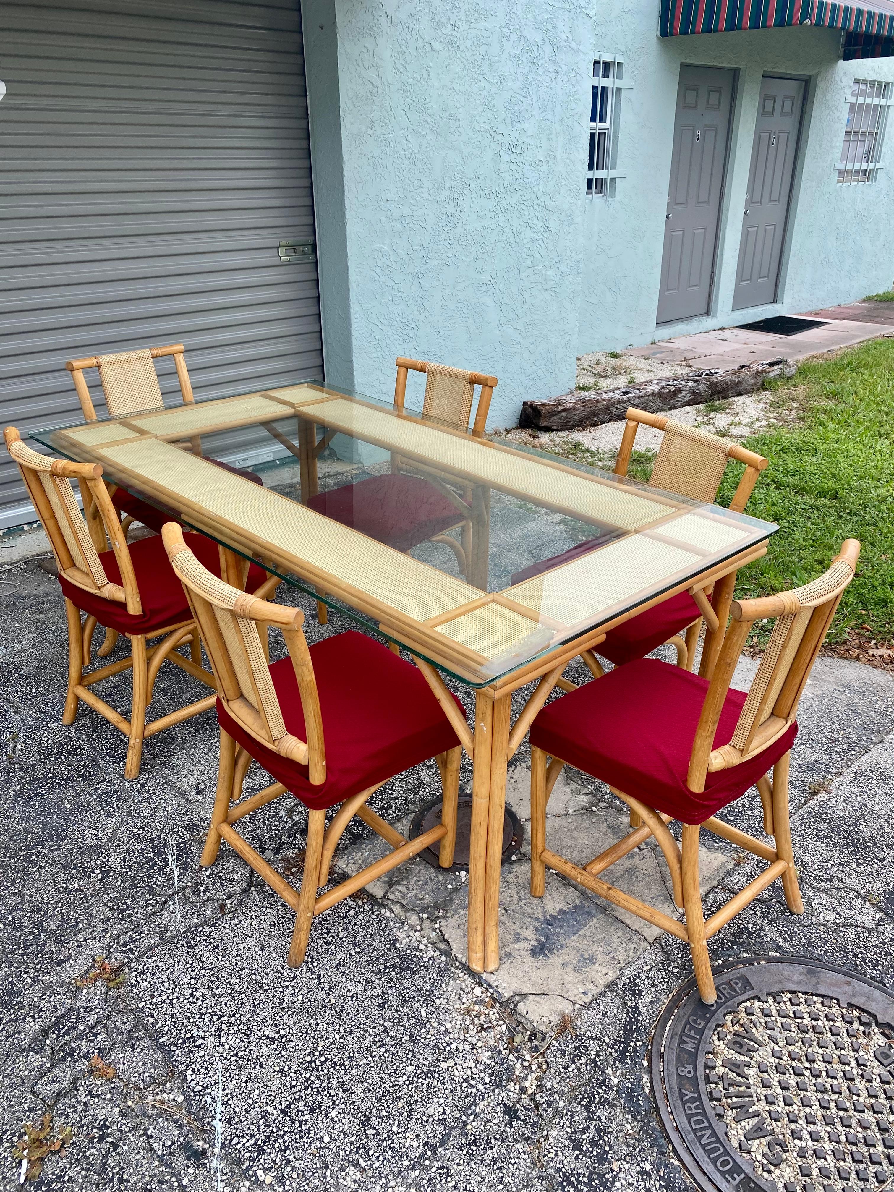 1970s Rattan Glass Dining Set, Set of 7 In Good Condition For Sale In Fort Lauderdale, FL