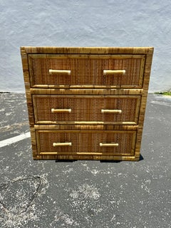 1970s Rattan MCM Glass Top Dresser Night Stand