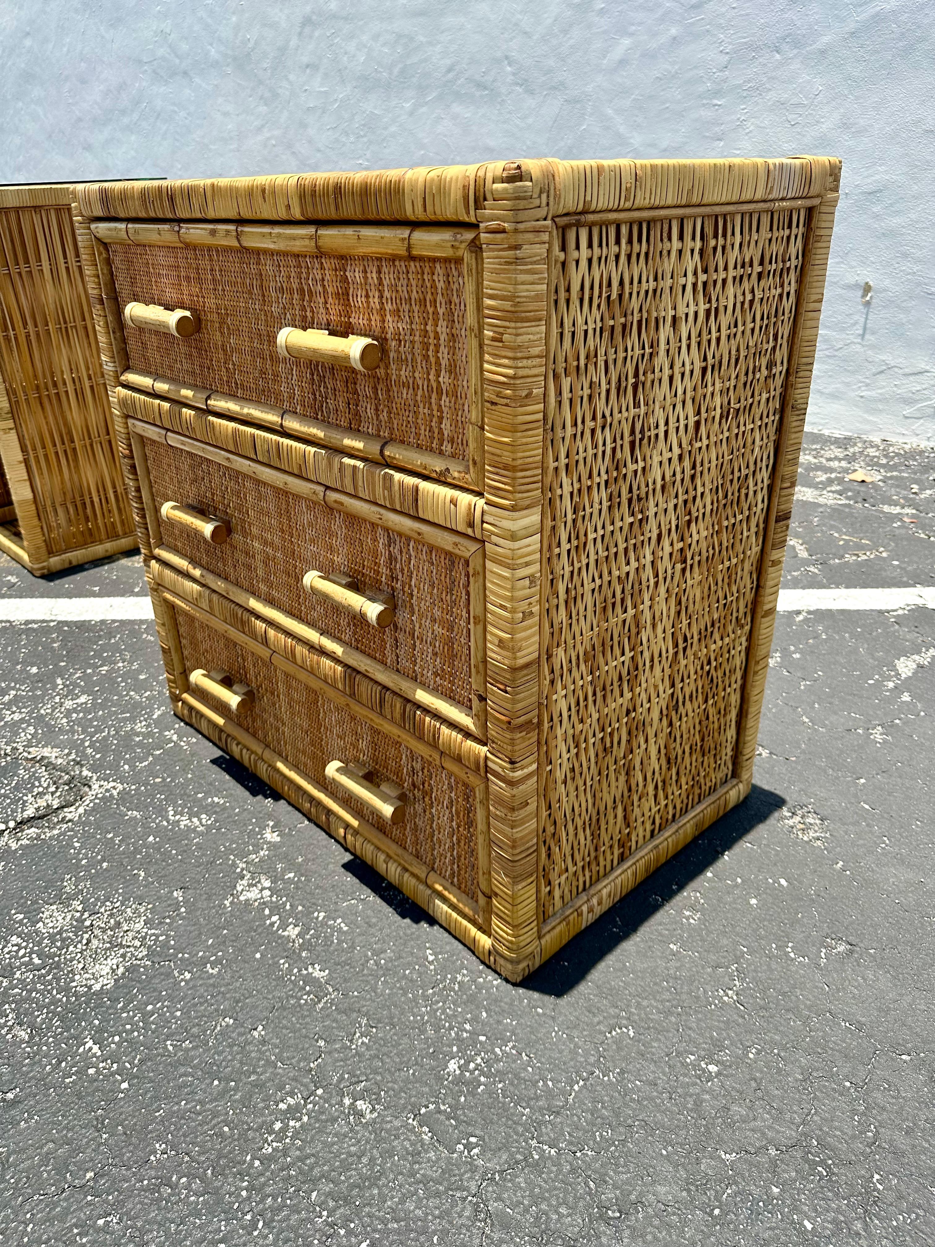 Mid-Century Modern 1970s Rattan MCM Glass Top Dresser Night Stand For Sale