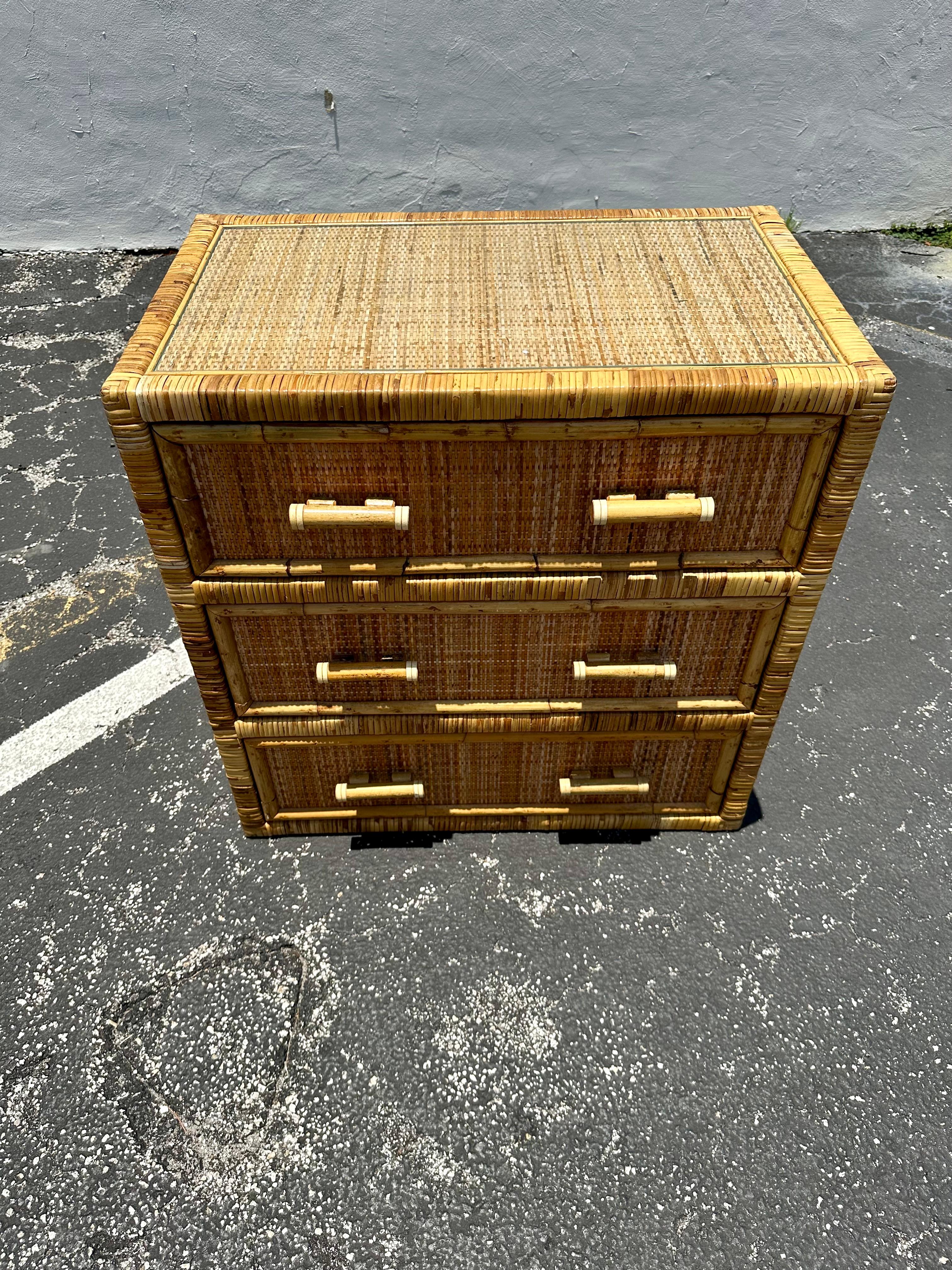 Philippine 1970s Rattan MCM Glass Top Dresser Night Stand For Sale