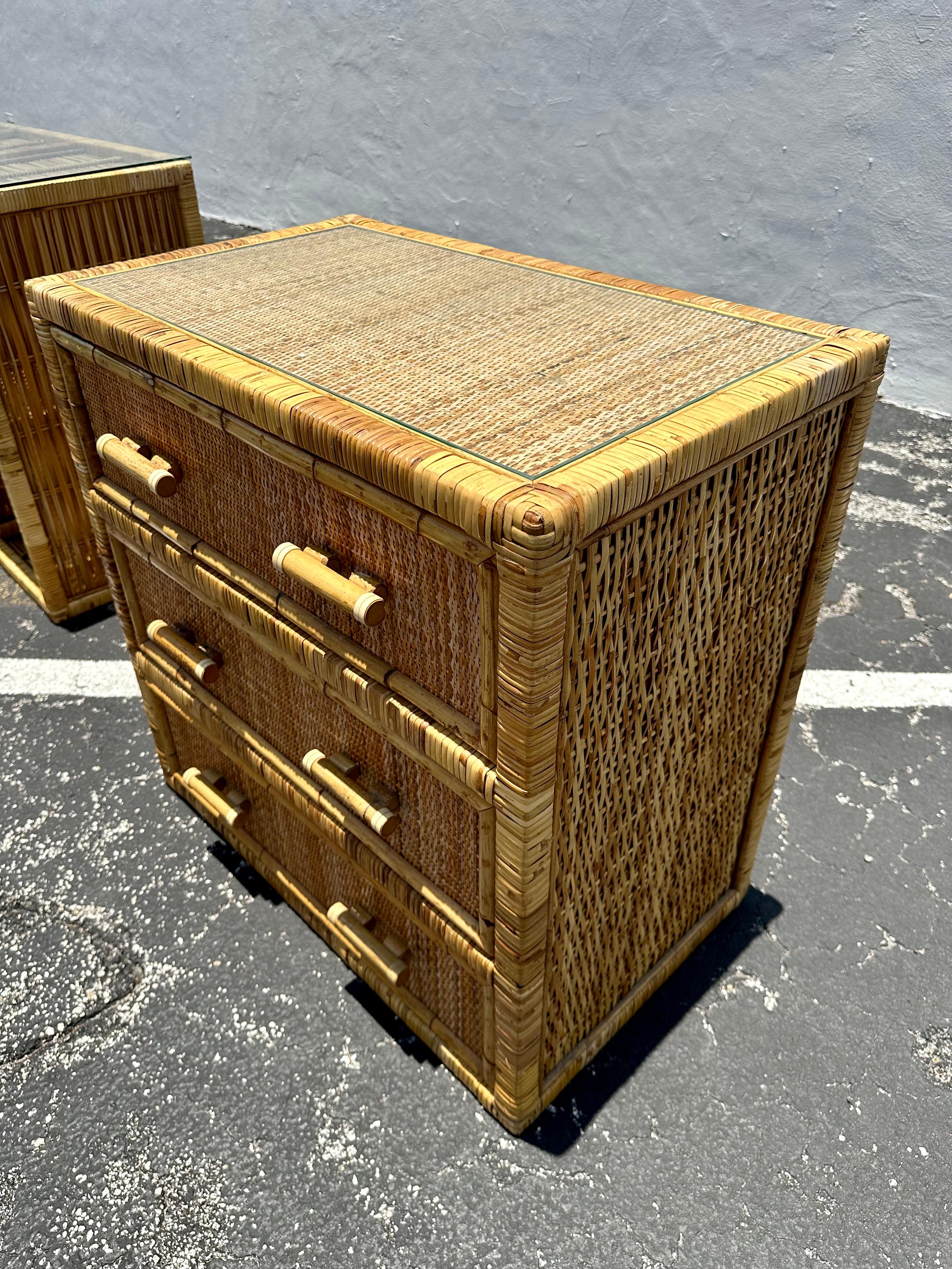 1970s Rattan MCM Glass Top Dresser Night Stand In Good Condition For Sale In Fort Lauderdale, FL