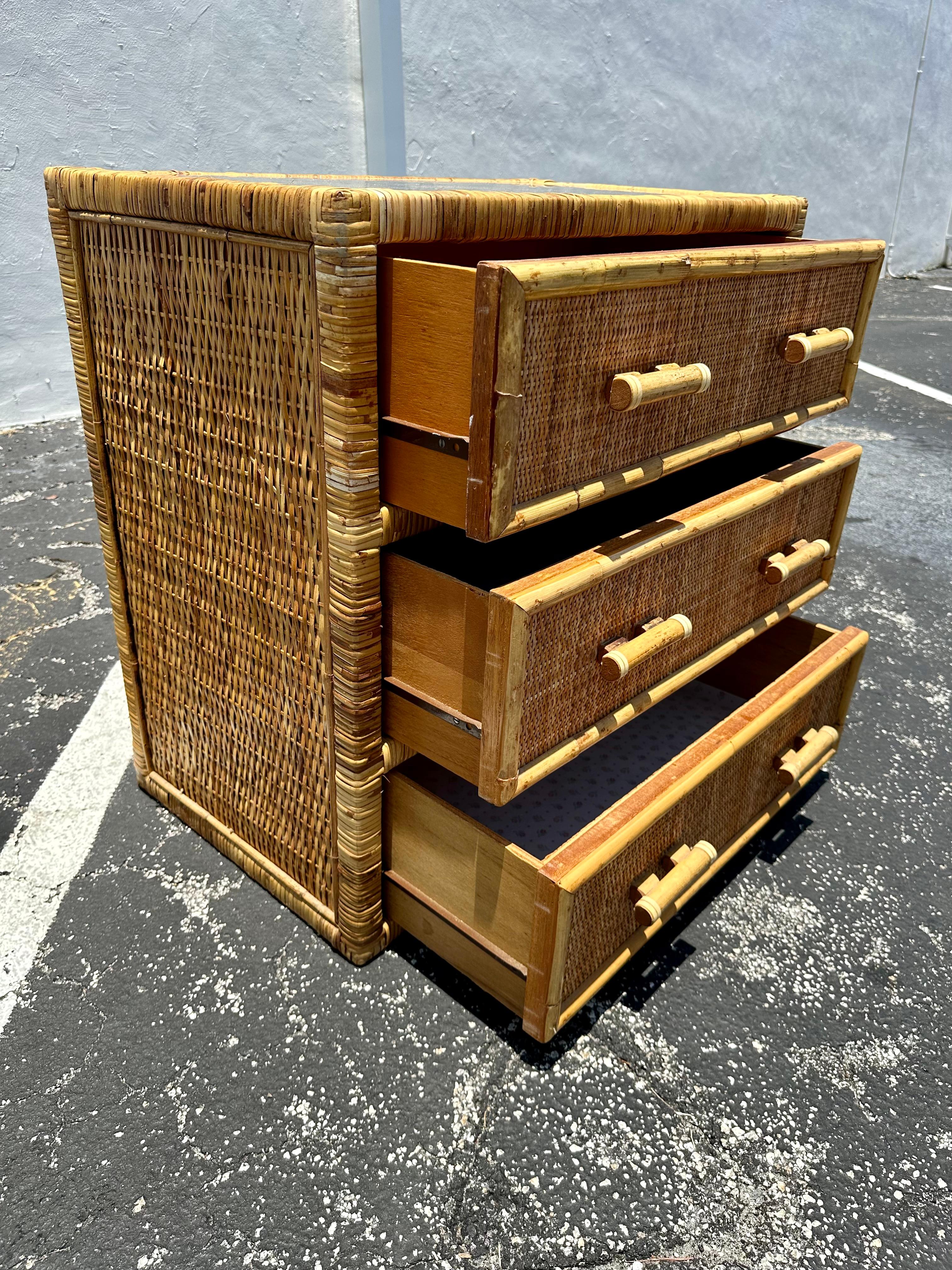 Late 20th Century 1970s Rattan MCM Glass Top Dresser Night Stand For Sale