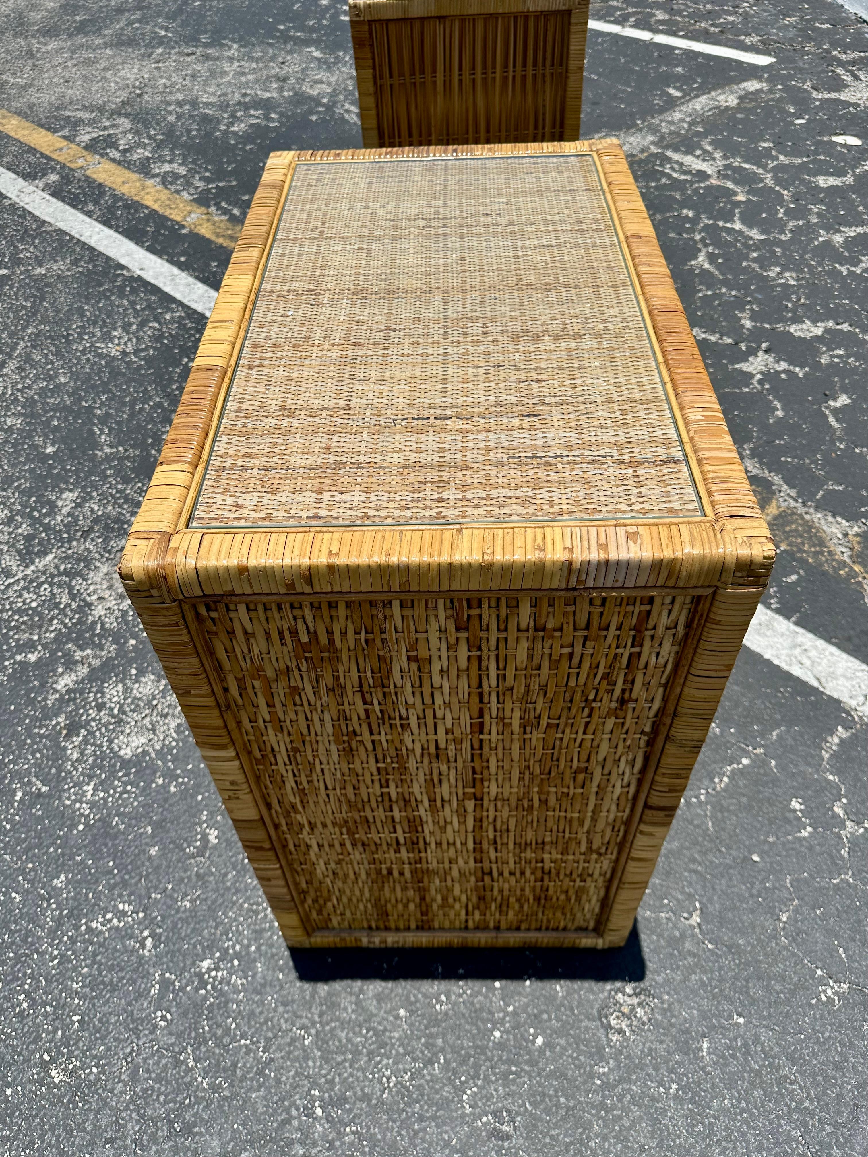 1970s Rattan MCM Glass Top Dresser Night Stand For Sale 1