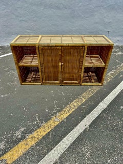 1970s Rattan MCM Glass Top Sideboard Console Table
