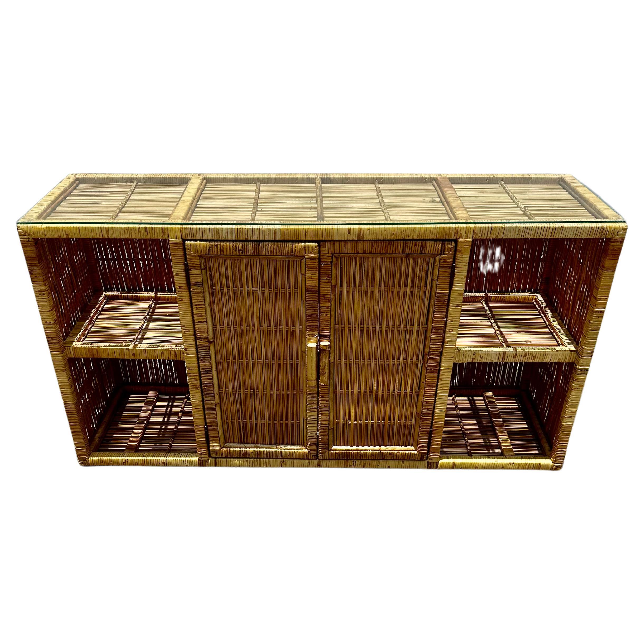 1970s Rattan MCM Glass Top Sideboard Console Table