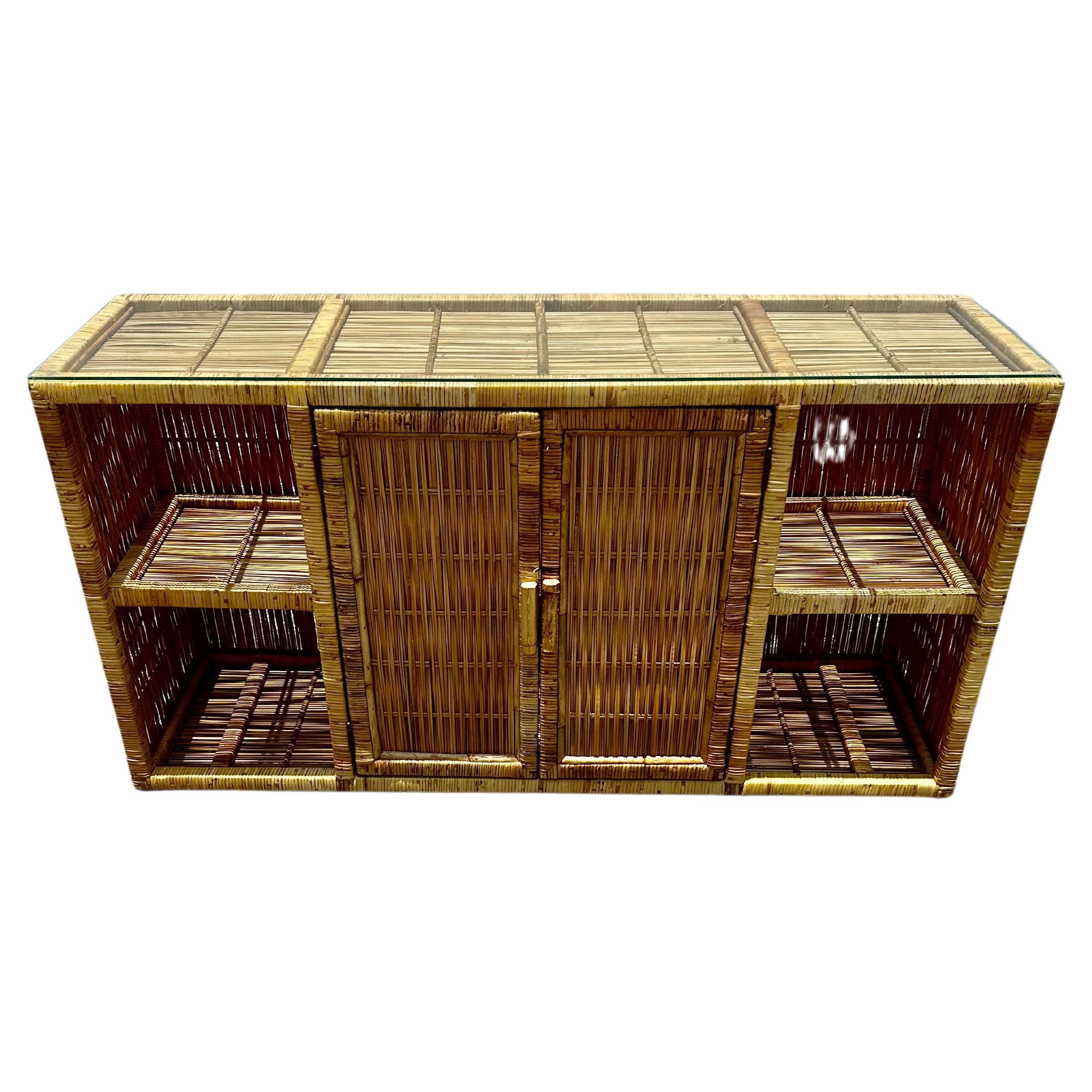 1970s Rattan Glass Top Sideboard