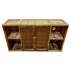 1970er Rattan MCM Glasplatte Sideboard Konsolentisch