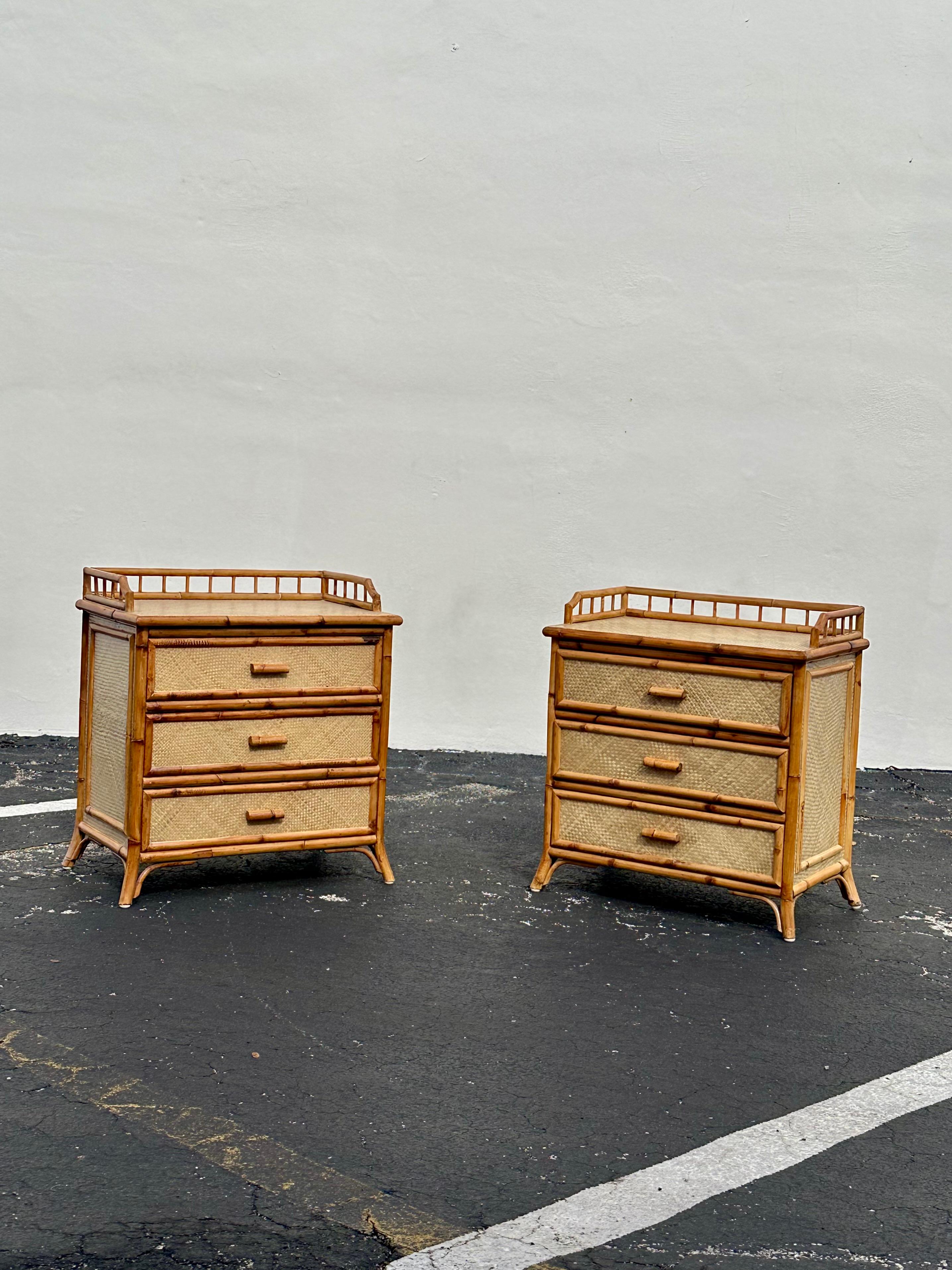 On offer on this occasion is one of the most stunning, rare rattan nightstands you could hope to find. Outstanding design is exhibited throughout. The beautiful set is statement piece and packed with personality!! Just look at the gorgeous details