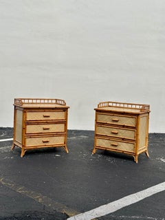 1970s Rattan Grasscloth Pagoda Organic Modern Nightstands, Set of 2