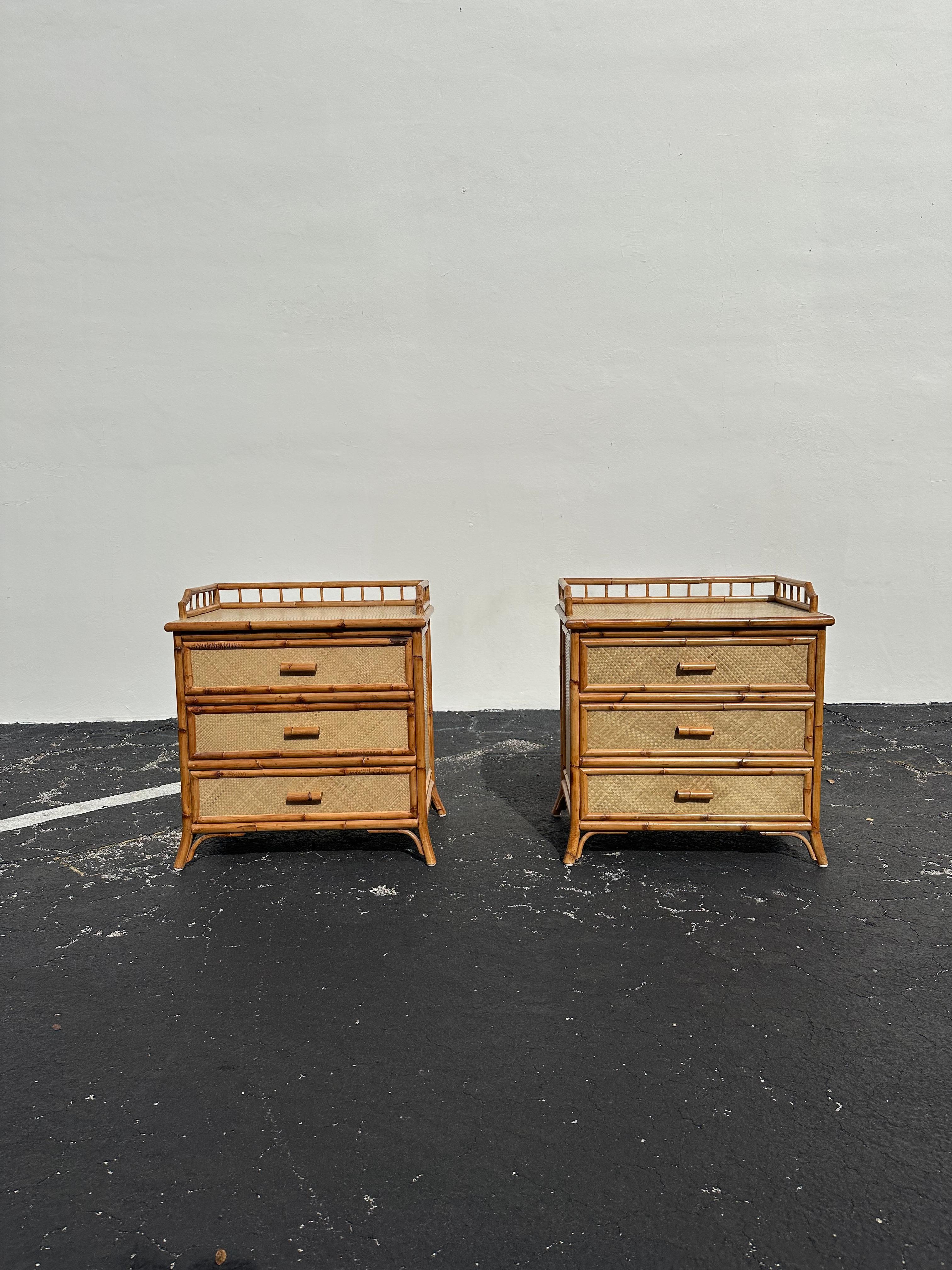 Bohemian 1970s Rattan Grasscloth Pagoda Organic Modern Nightstands, Set of 2