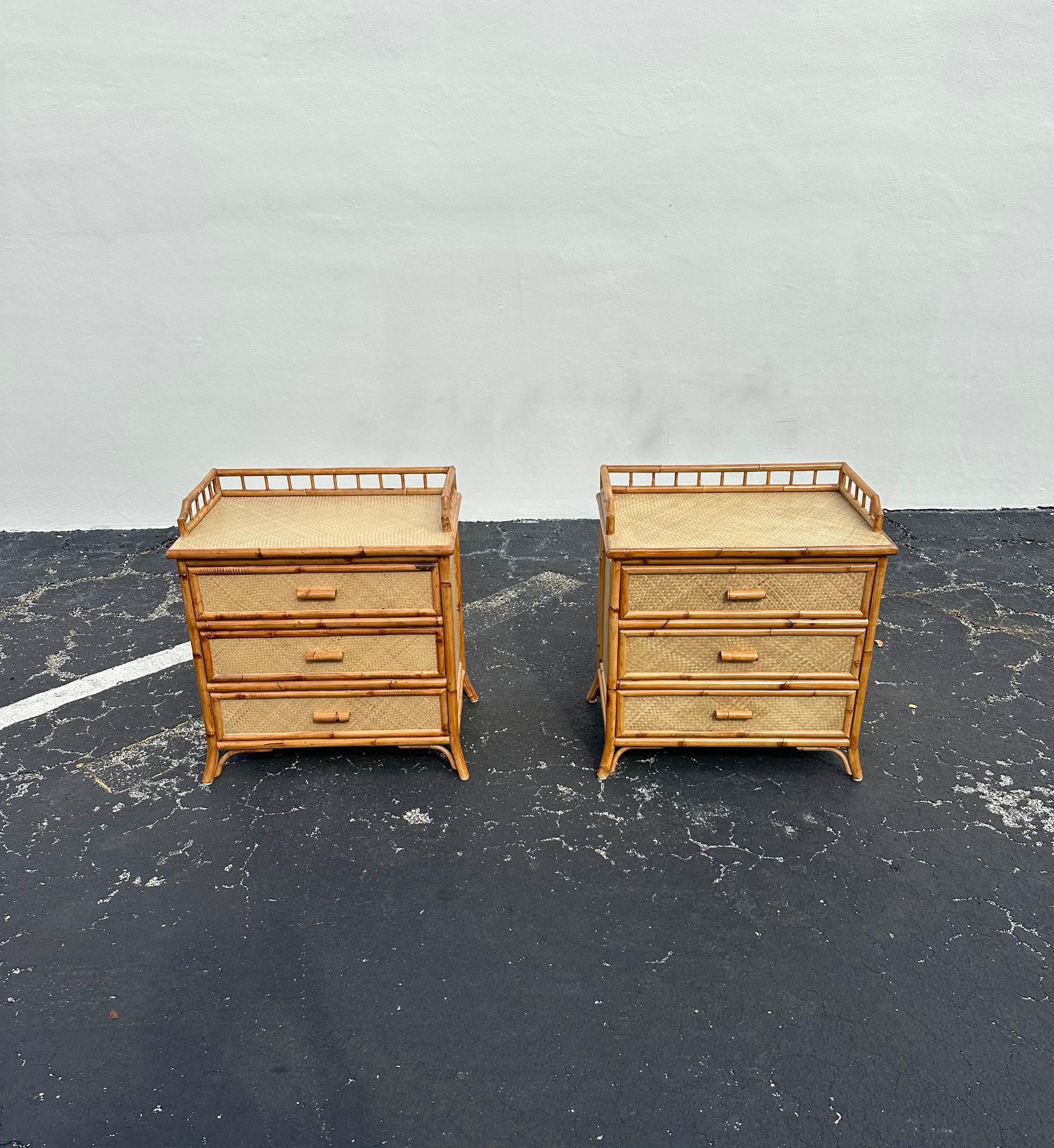 Philippine 1970s Rattan Grasscloth Pagoda Organic Modern Nightstands, Set of 2