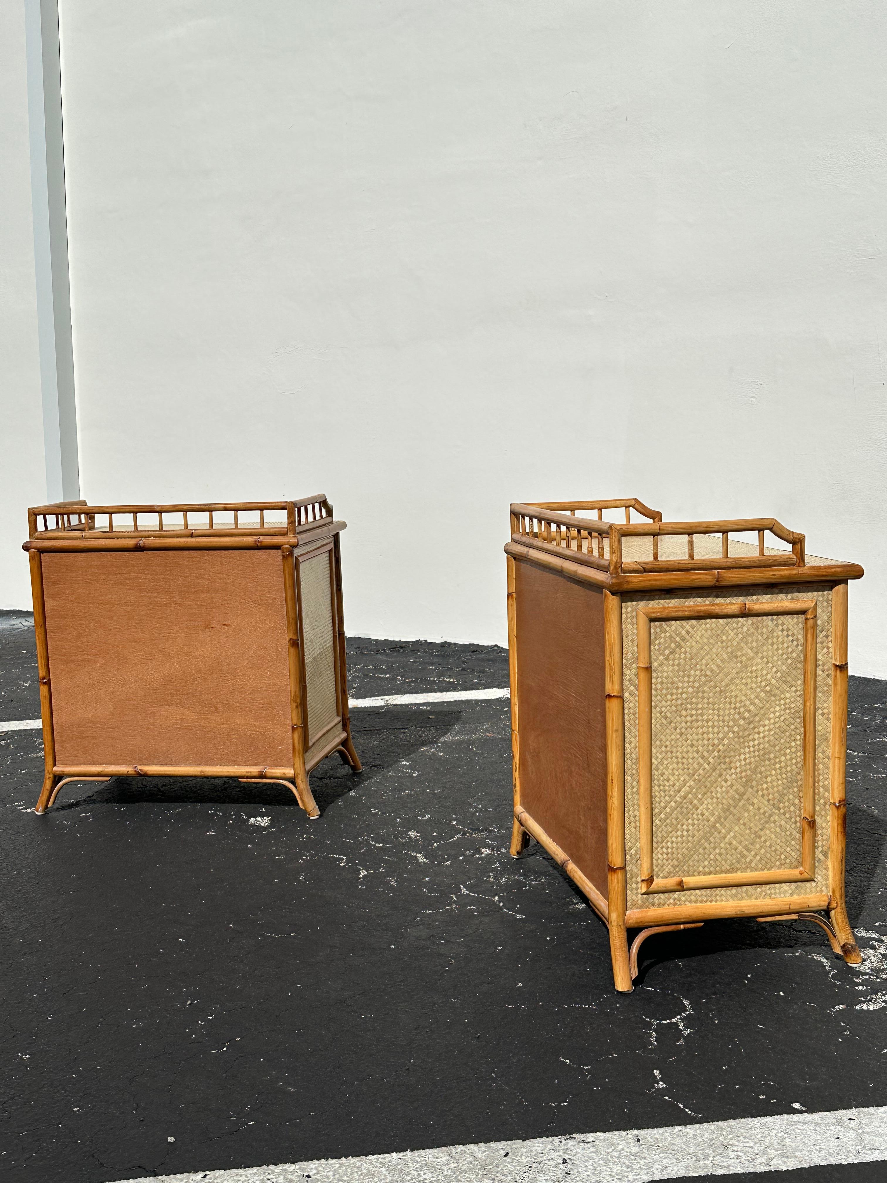 Late 20th Century 1970s Rattan Grasscloth Pagoda Organic Modern Nightstands, Set of 2