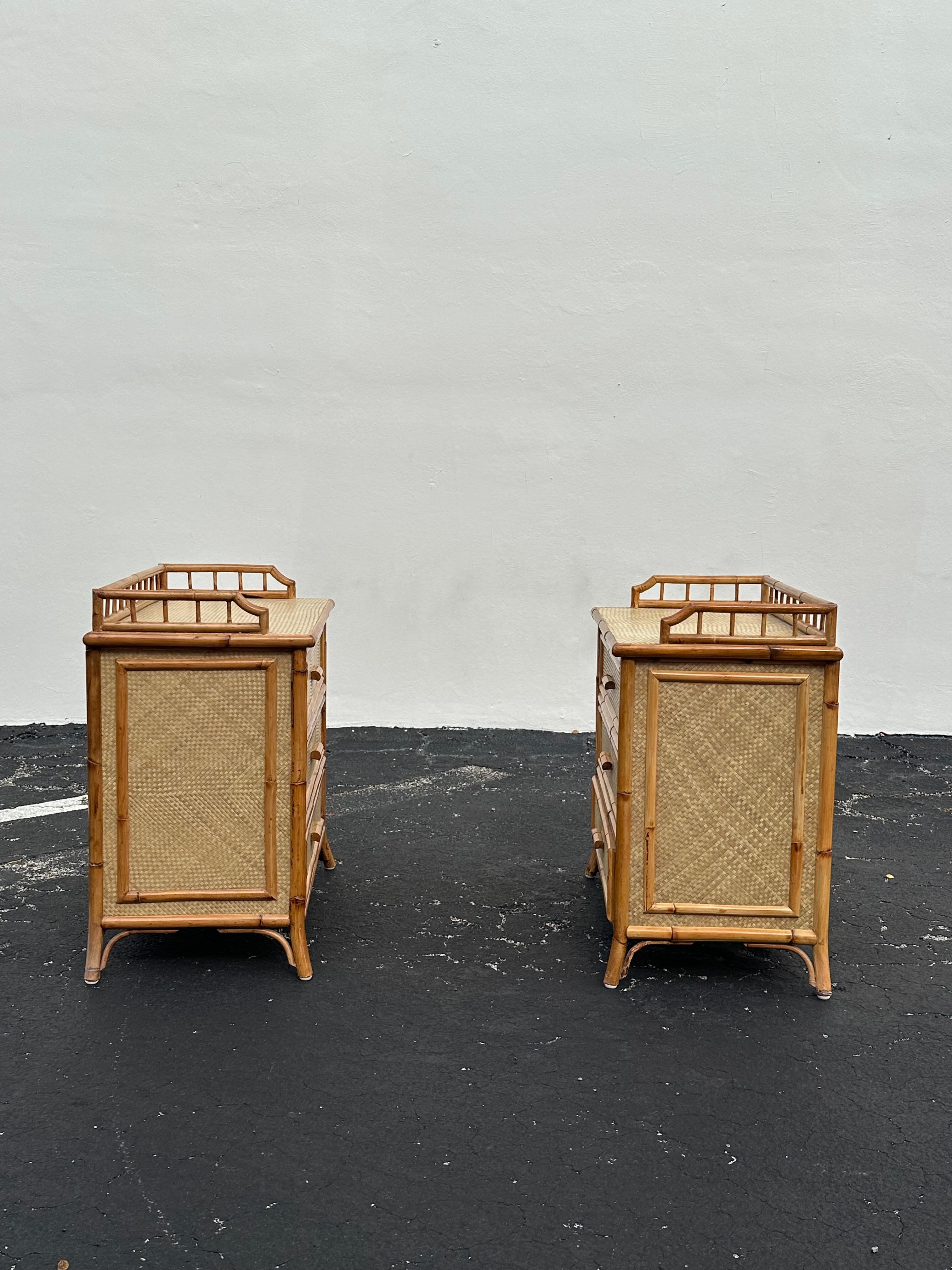 1970s Rattan Grasscloth Pagoda Organic Modern Nightstands, Set of 2 1