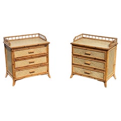 1970s Rattan Grasscloth Pagoda Organic Modern Nightstands, Set of 2