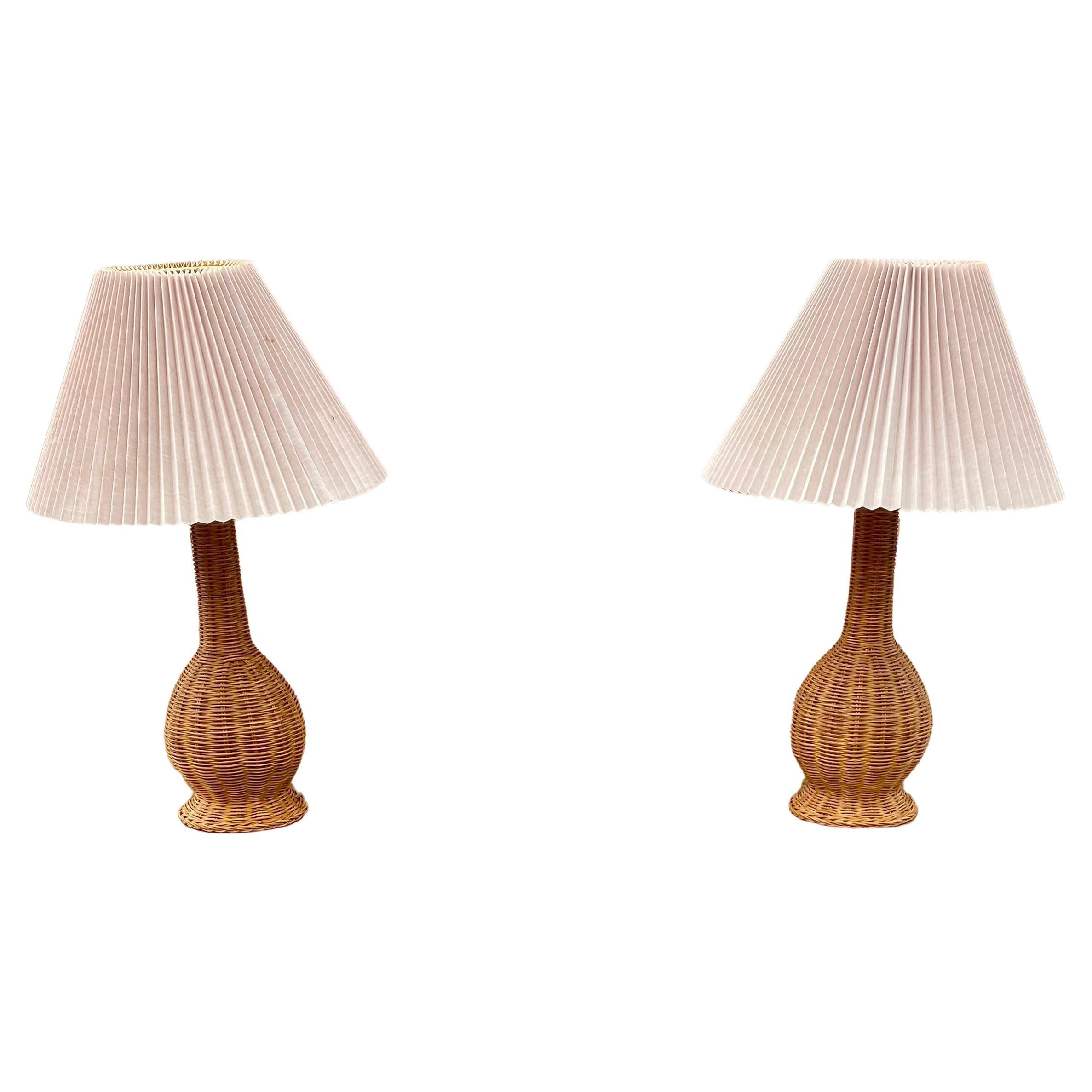 1970s Rattan Jar Wicker Table Lamps, Set of 2