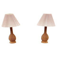 Used 1970s Rattan Jar Wicker Table Lamps, Set of 2