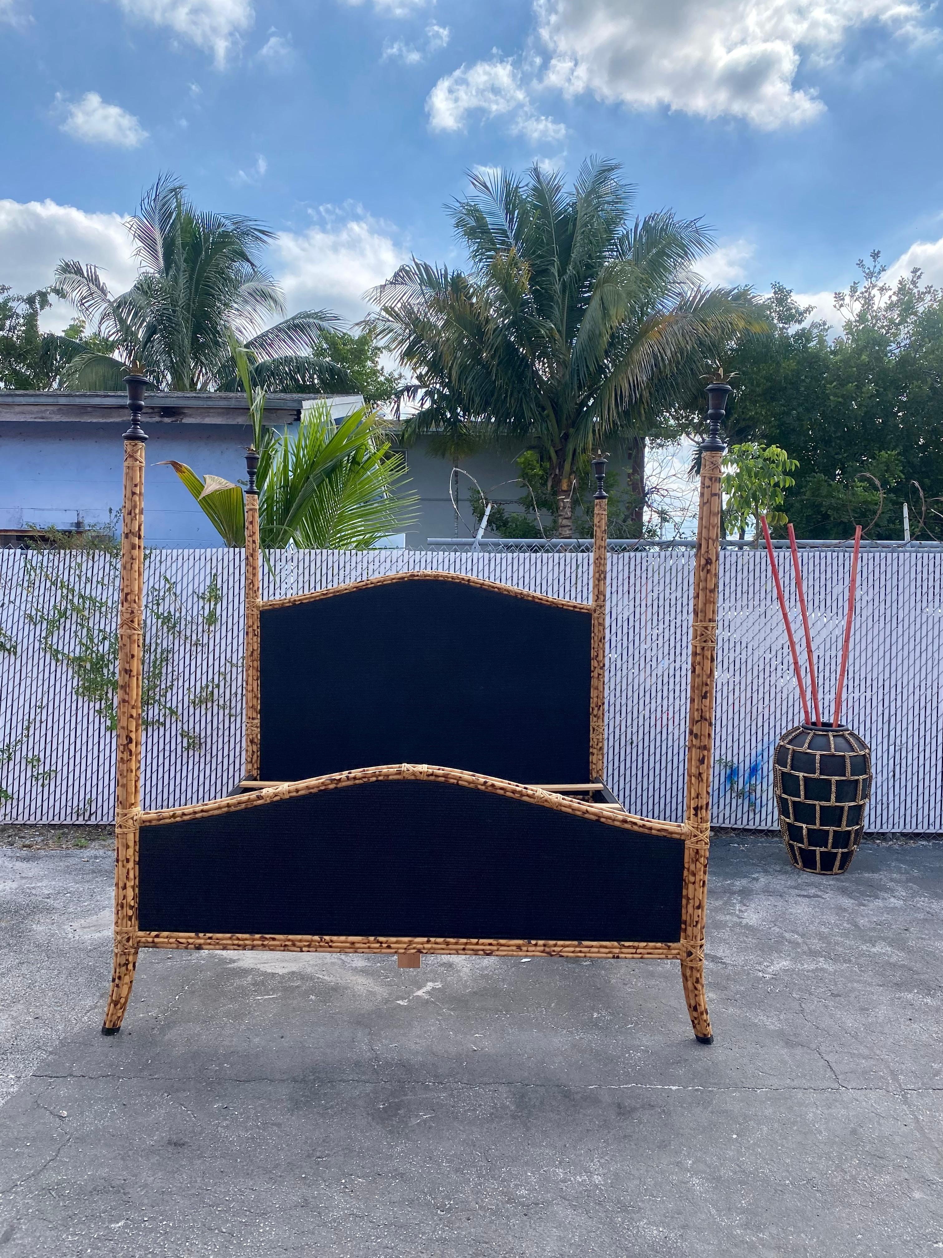 1970s Burnt Tortoise Rattan Bronze Palm King Size Poster Bed Frame For Sale 10