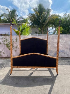 1970s Burnt Tortoise Rattan Bronze Palm King Size Poster Bed Frame