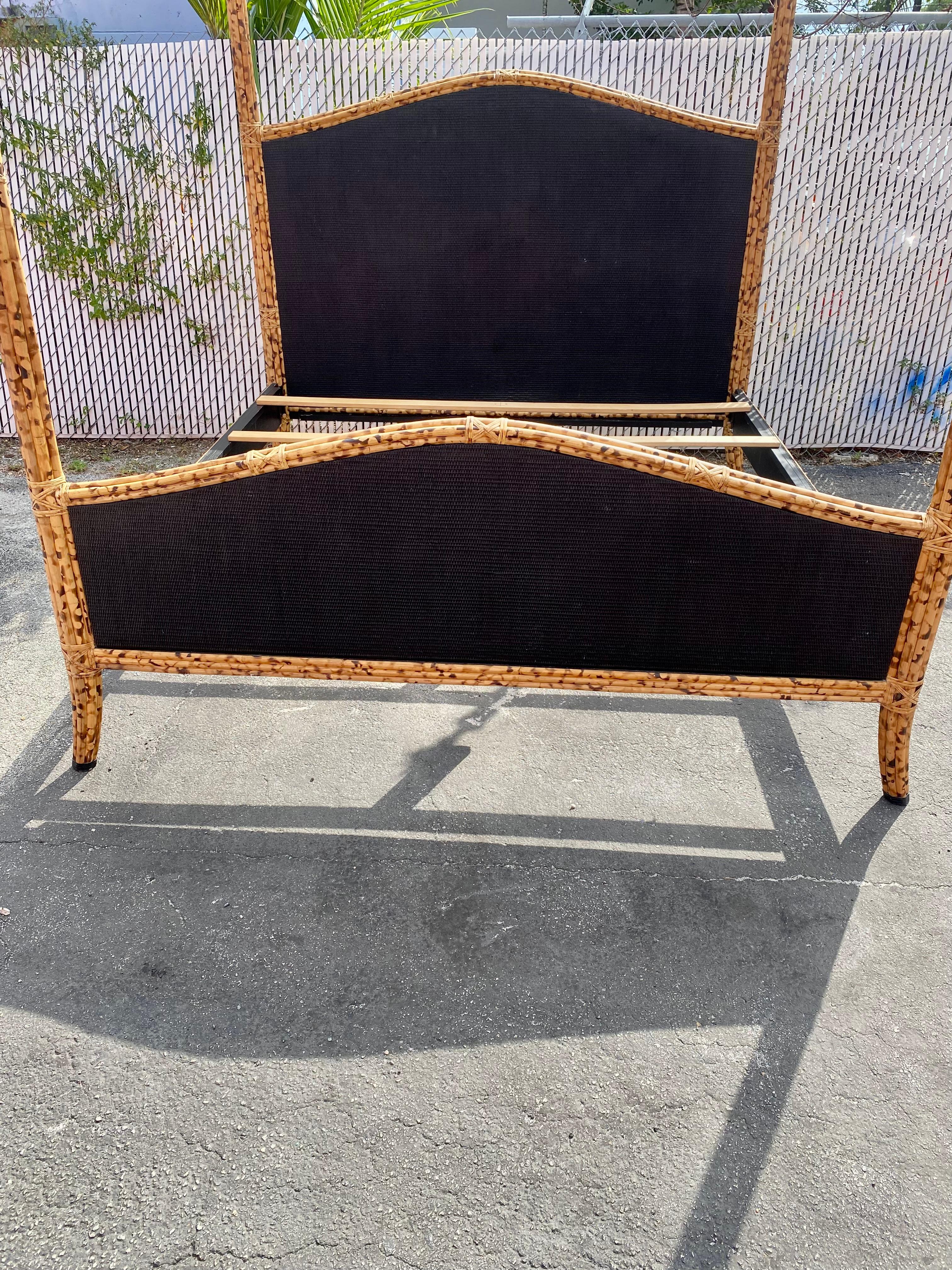 Hollywood Regency 1970s Burnt Tortoise Rattan Bronze Palm King Size Poster Bed Frame For Sale