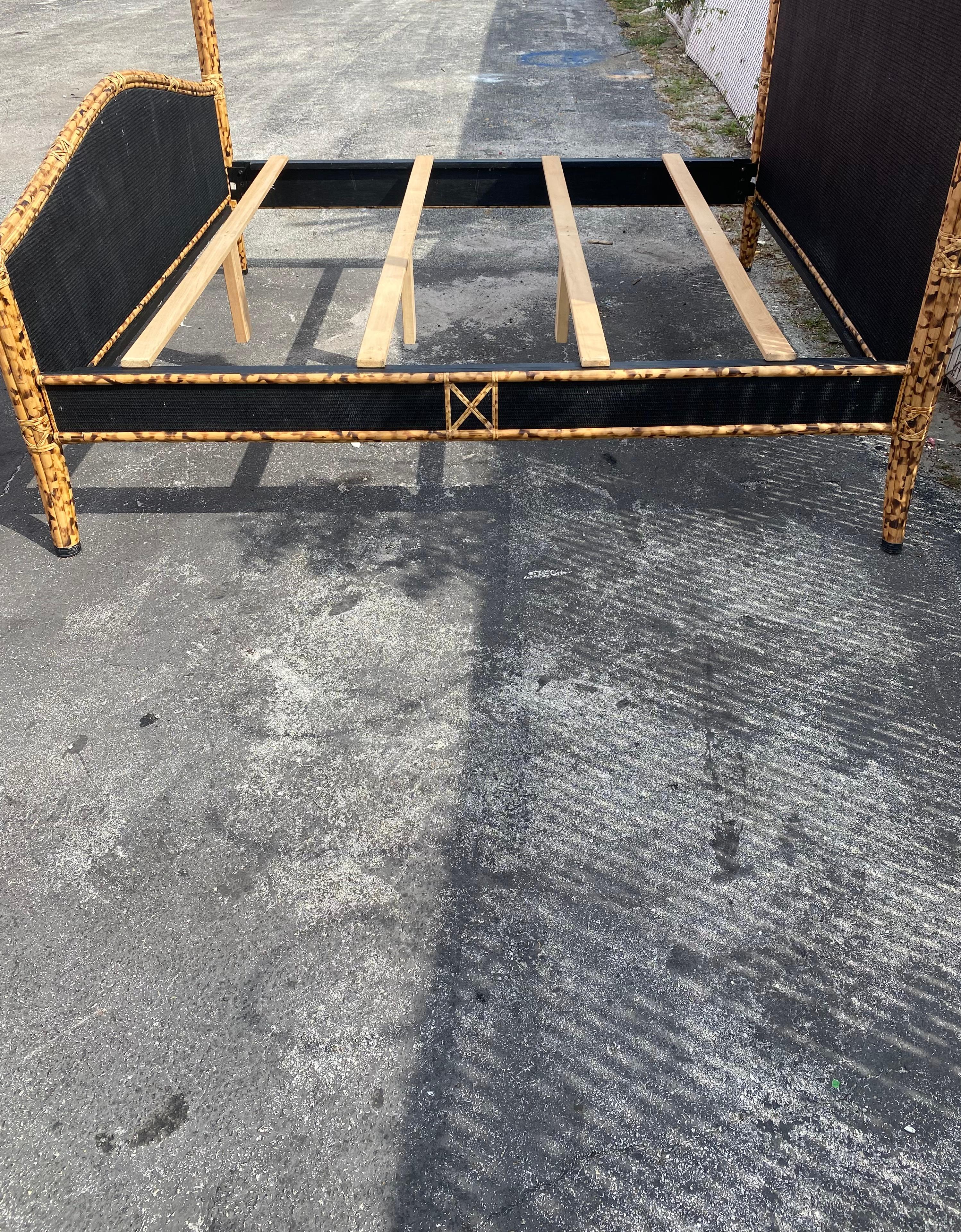 1970s Burnt Tortoise Rattan Bronze Palm King Size Poster Bed Frame For Sale 1