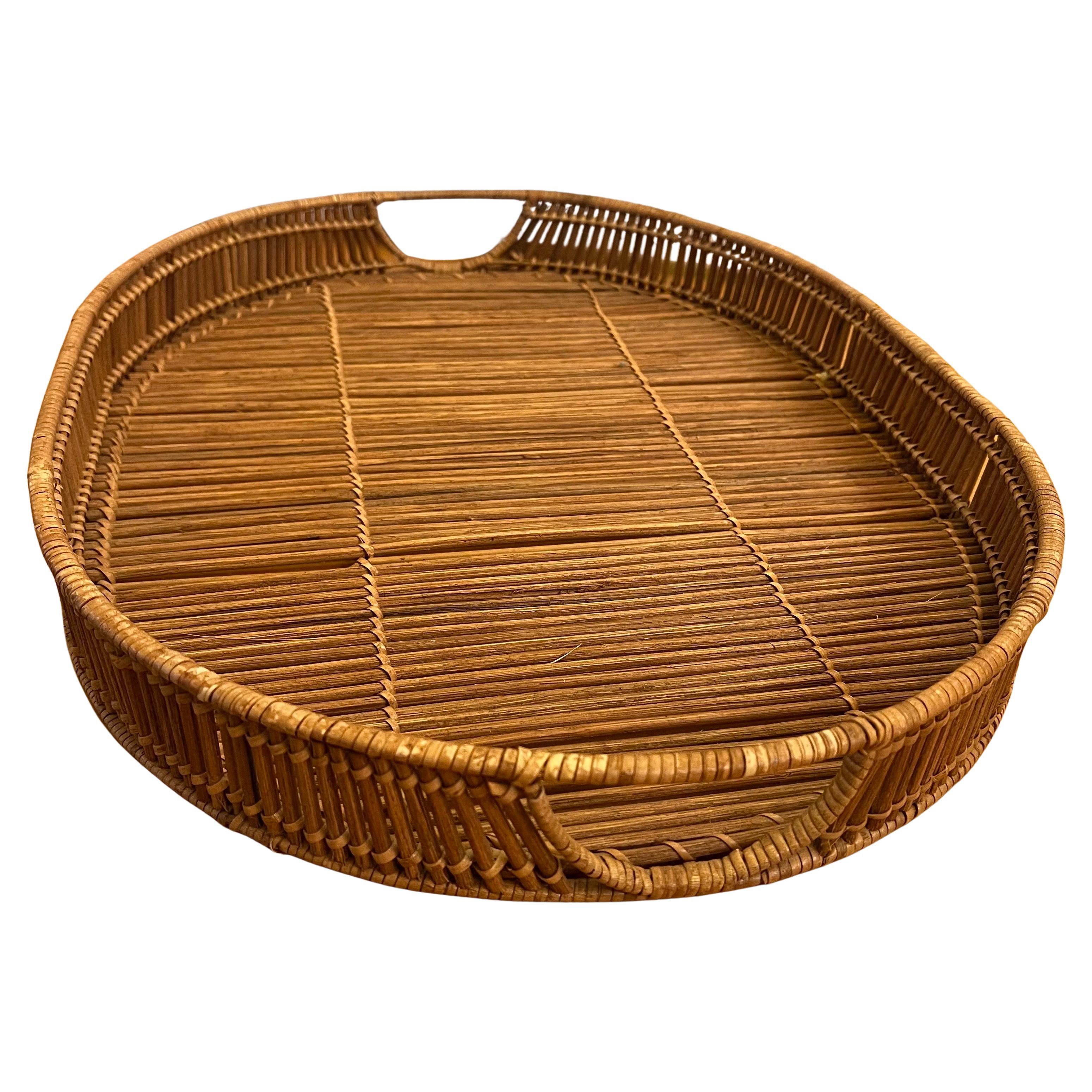 Large Beautiful Oval rattan large tray with handles great condition circa 1970's , elegant and unique .