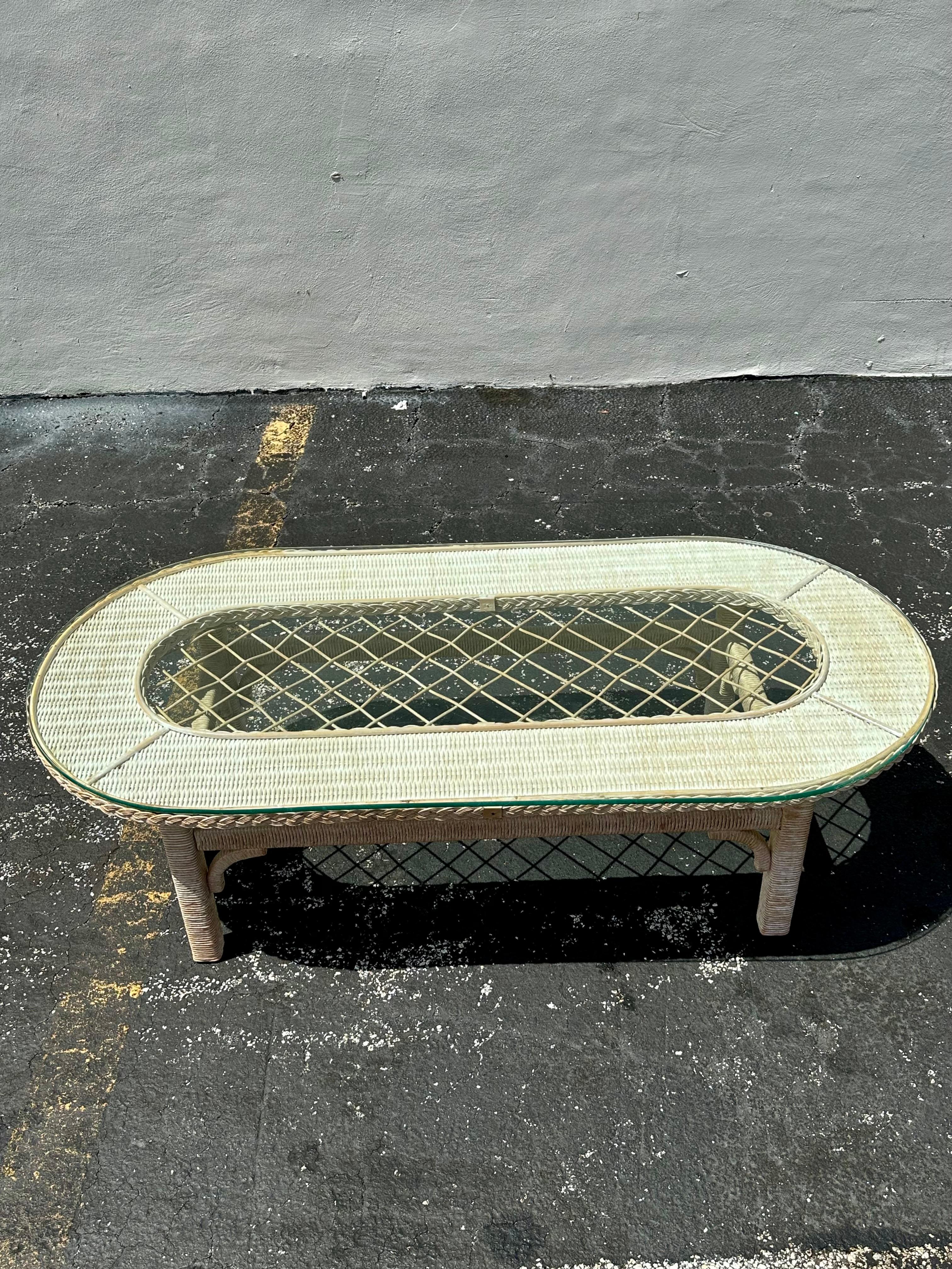 1970s Rattan Lattice Oval Glass Top Coffee Table 4