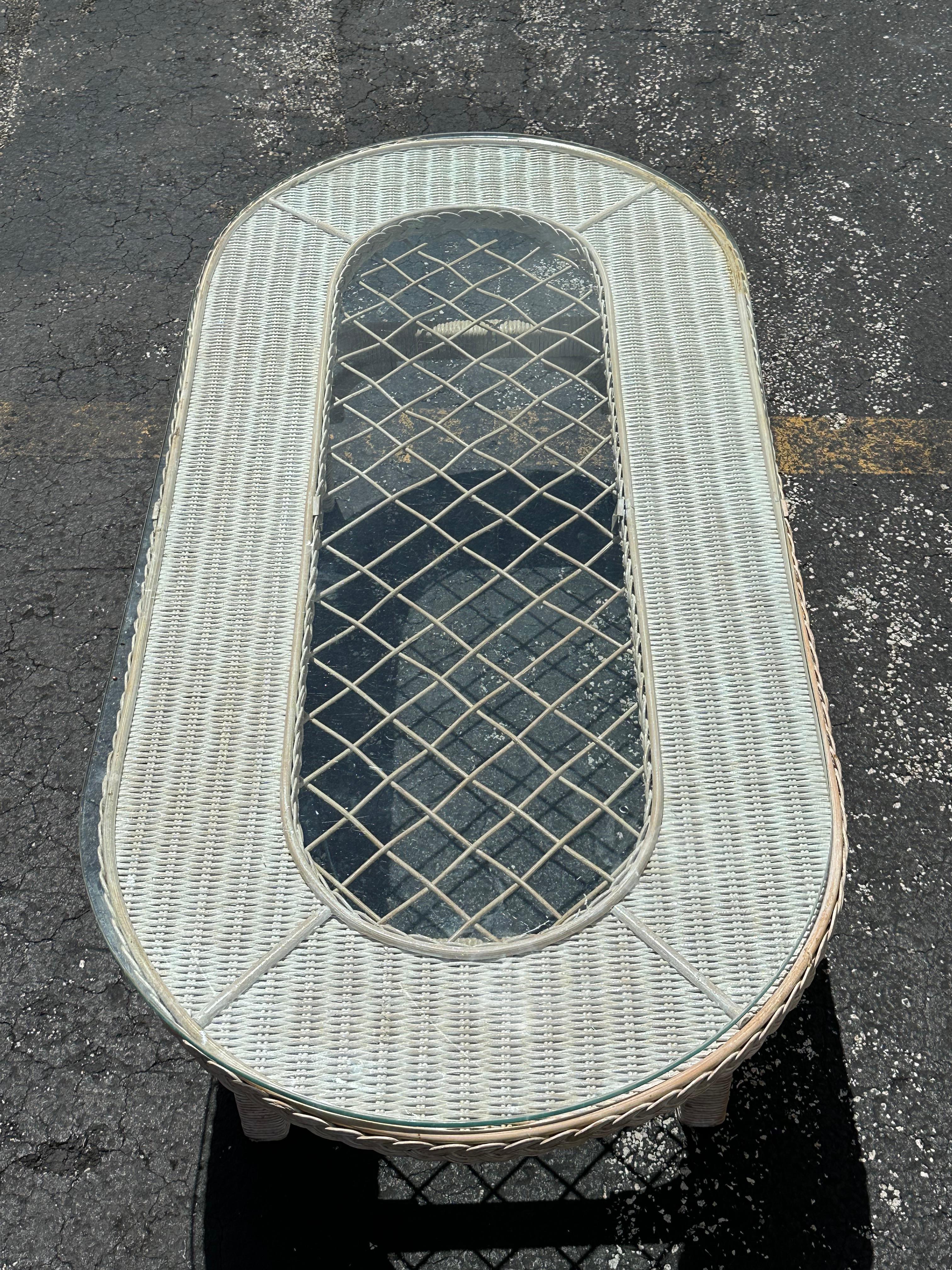 1970s Rattan Lattice Oval Glass Top Coffee Table 5