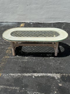 1970s Rattan Lattice Oval Glass Top Coffee Table