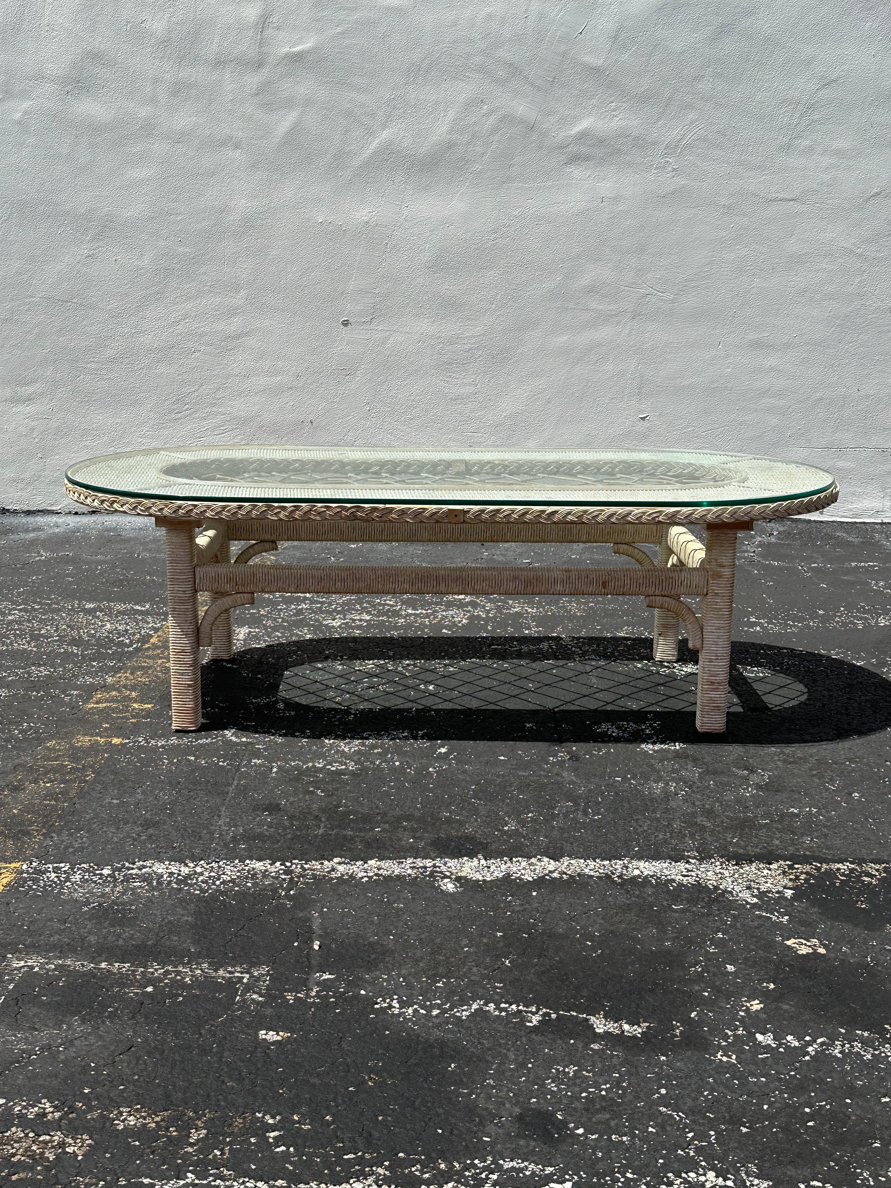 Mid-Century Modern 1970s Rattan Lattice Oval Glass Top Coffee Table