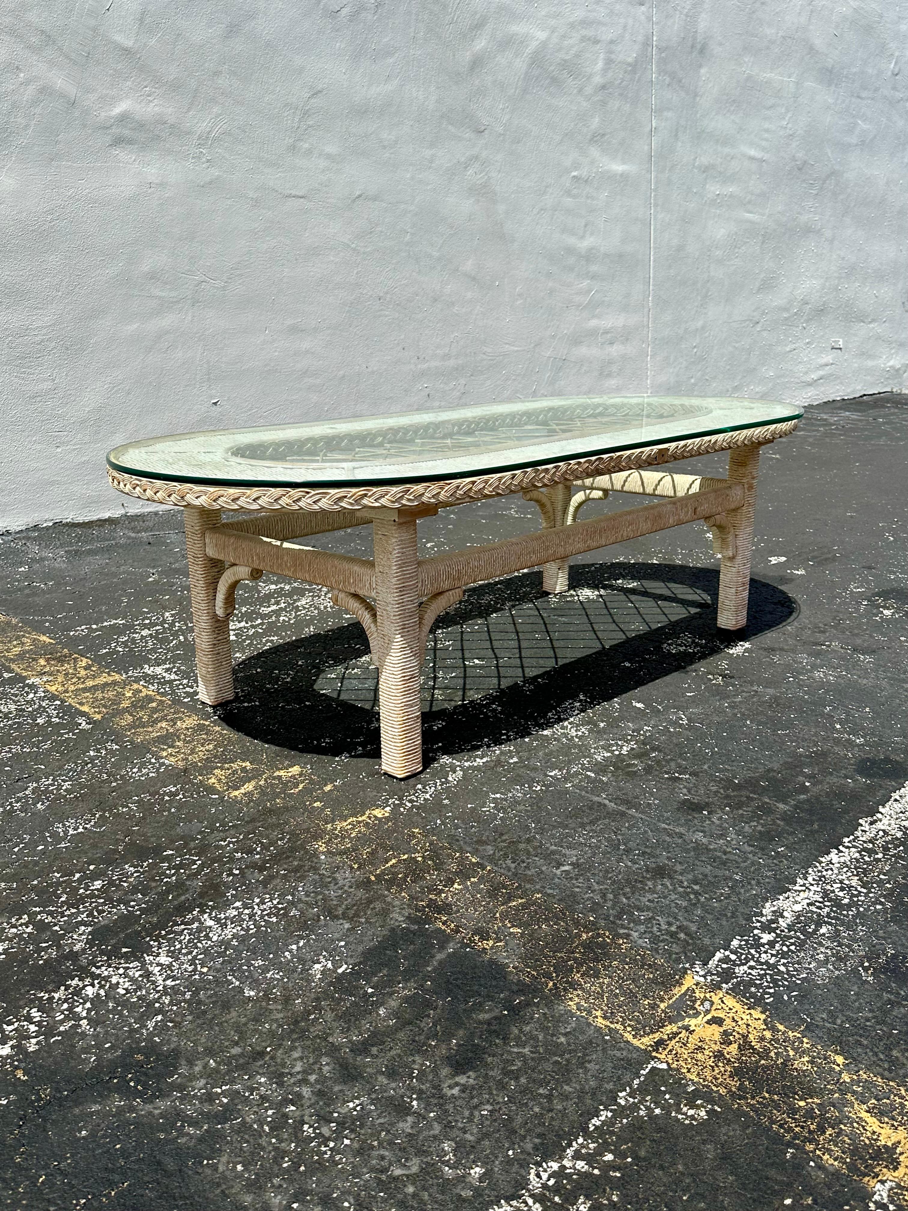 American 1970s Rattan Lattice Oval Glass Top Coffee Table
