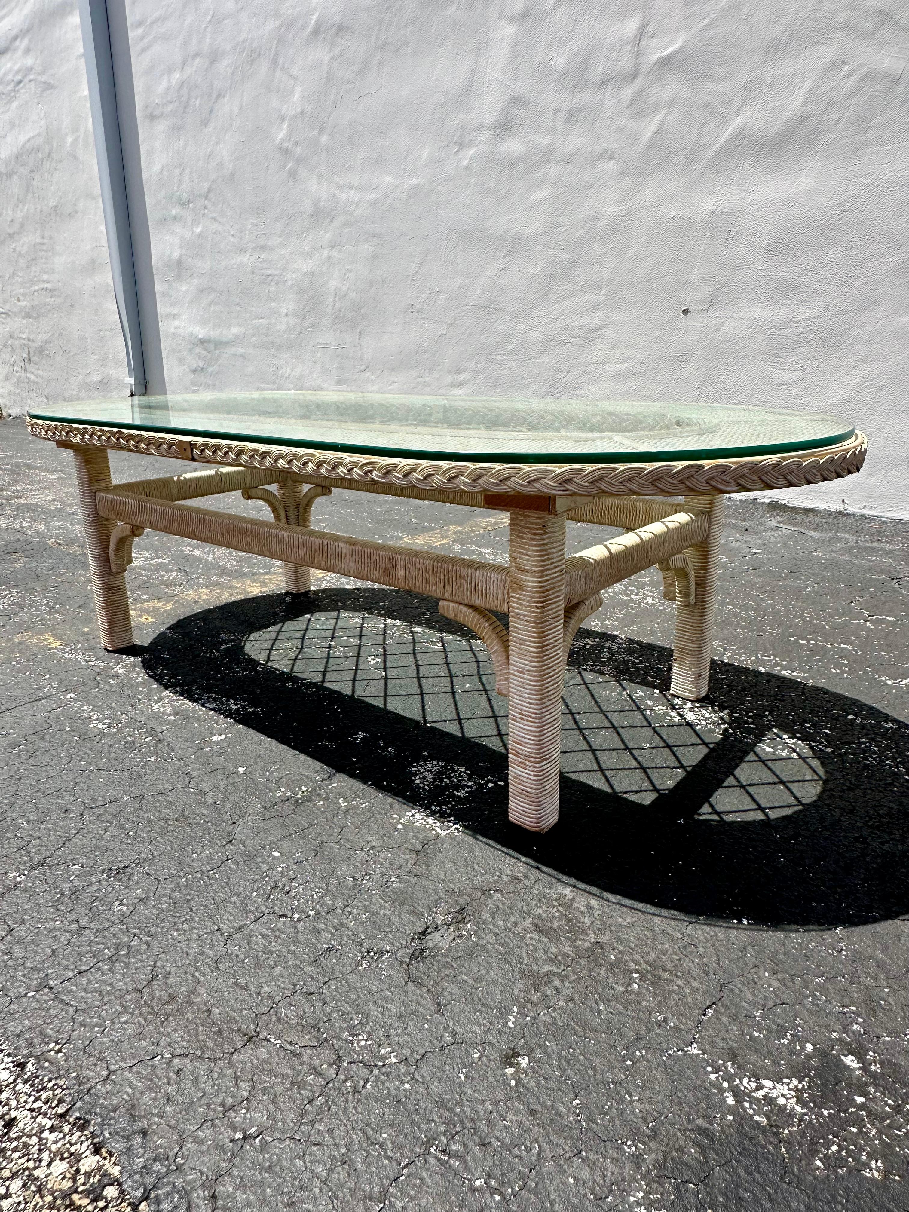 1970s Rattan Lattice Oval Glass Top Coffee Table In Good Condition In Fort Lauderdale, FL