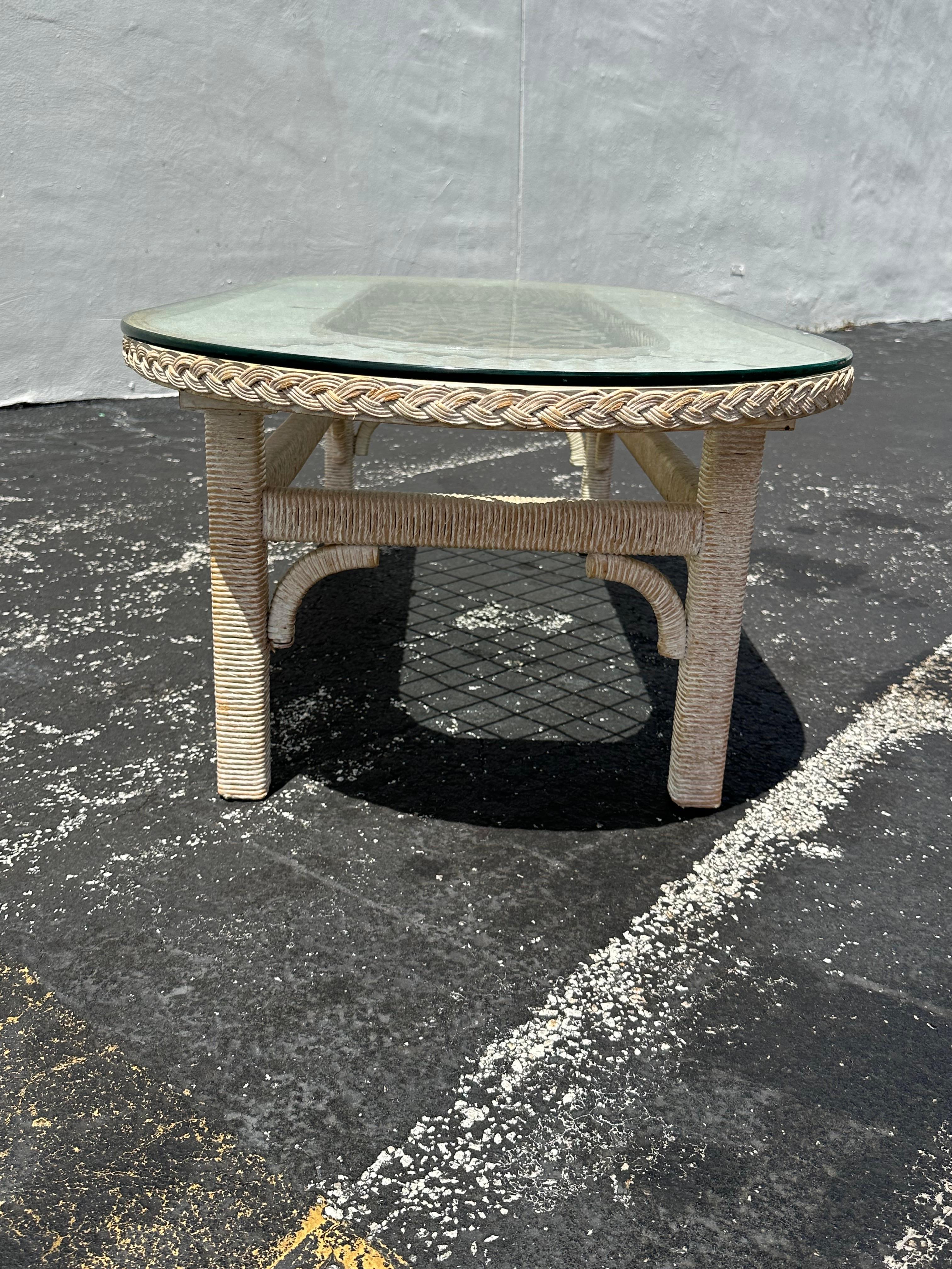 Late 20th Century 1970s Rattan Lattice Oval Glass Top Coffee Table