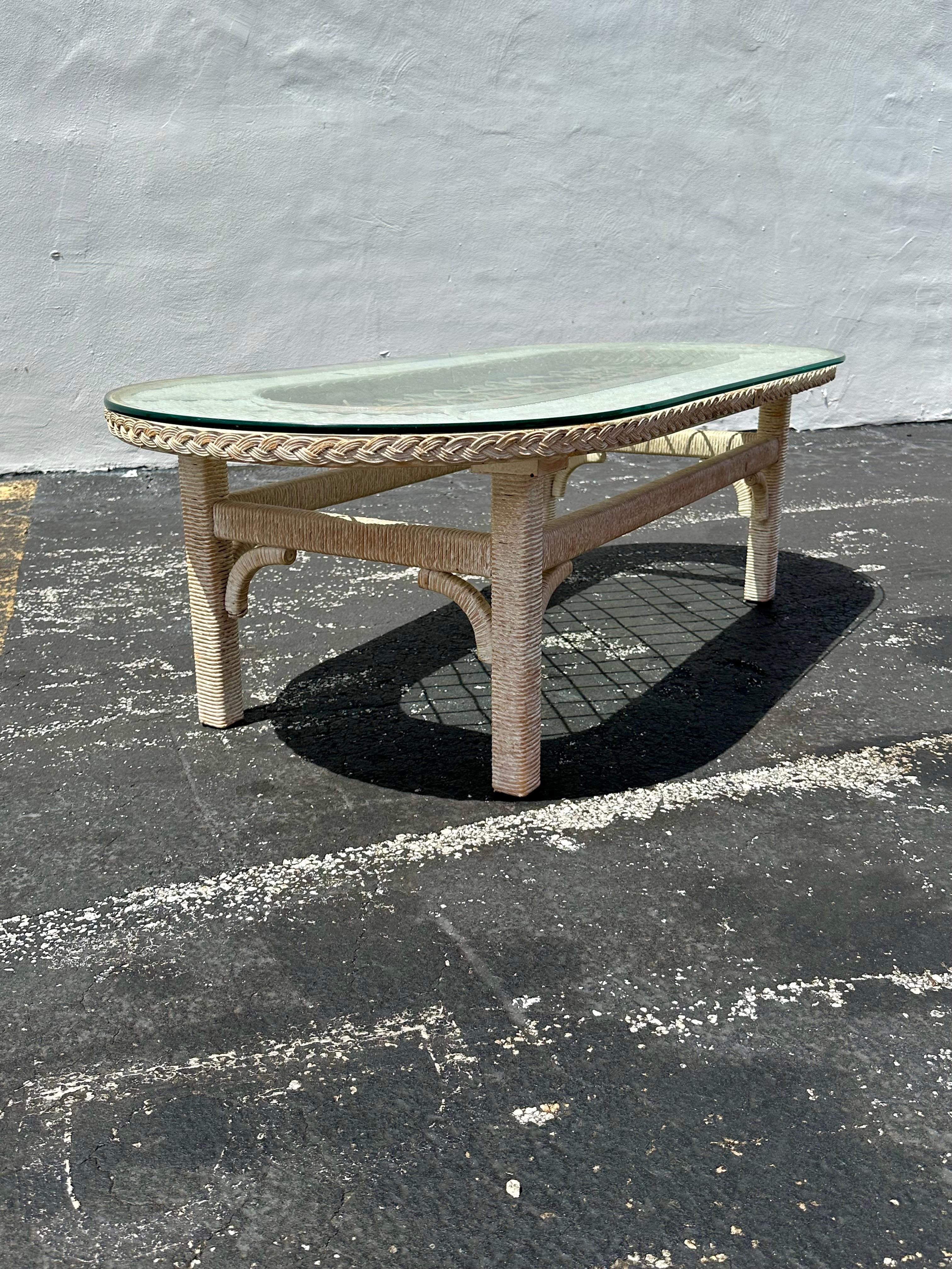 1970s Rattan Lattice Oval Glass Top Coffee Table 1