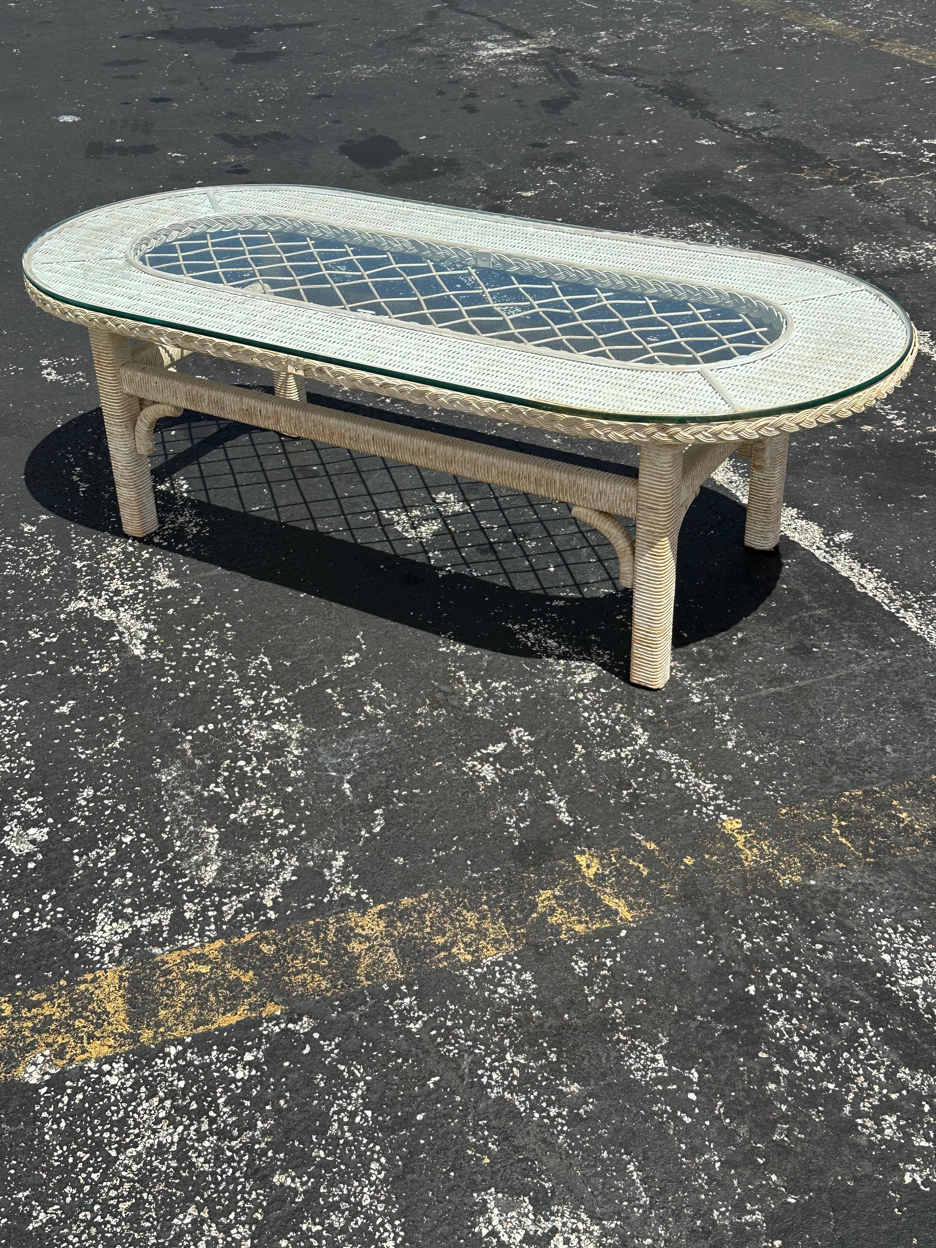 1970s Rattan Lattice Oval Glass Top Coffee Table 2