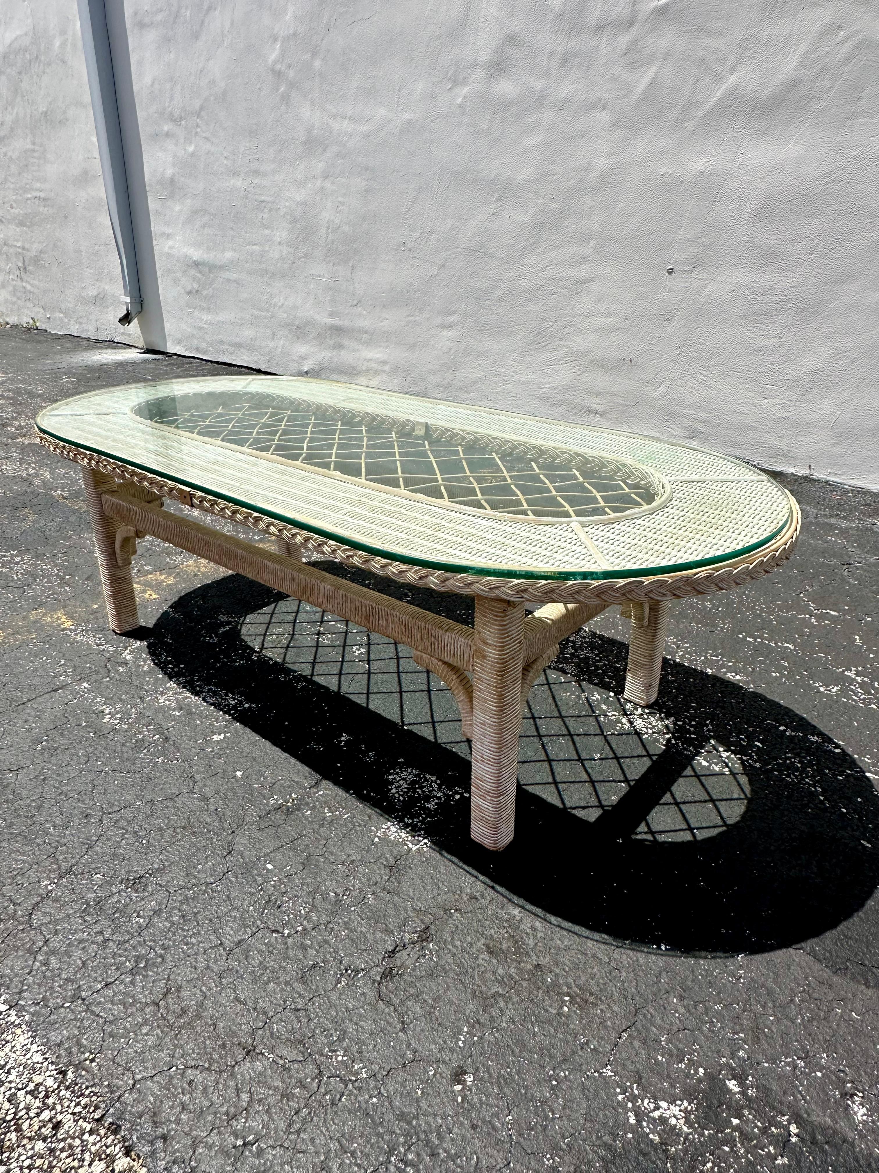1970s Rattan Lattice Oval Glass Top Coffee Table 3