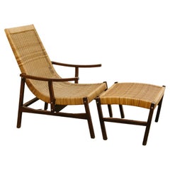 Vintage 1970's Rattan Lounge Chair and Its Ottoman